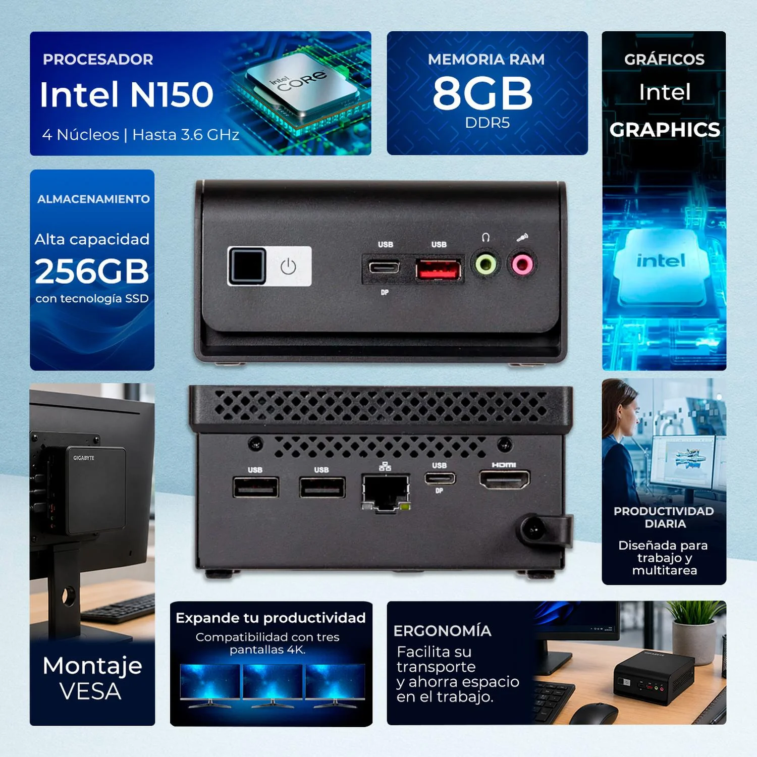 Computadora Escritorio Mini PC Brix GIGABYTE Intel N150 8GB DDR5 SSD 256GB W11H-T WiFi BT 5.0 MPBX-N1508256 Estudio y multitarea - Image 2