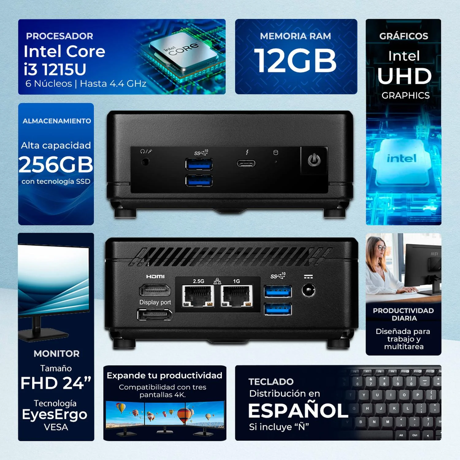 Computadora Mini PC MSI CUBI 5 Intel Core i3 1215U 12GB SSD 256GB Monitor 24" 1ms 120Hz Teclado Mouse WiFi 6E BT 5.3 ThunderBolt 4 Teletrabajo y Productividad - Image 2