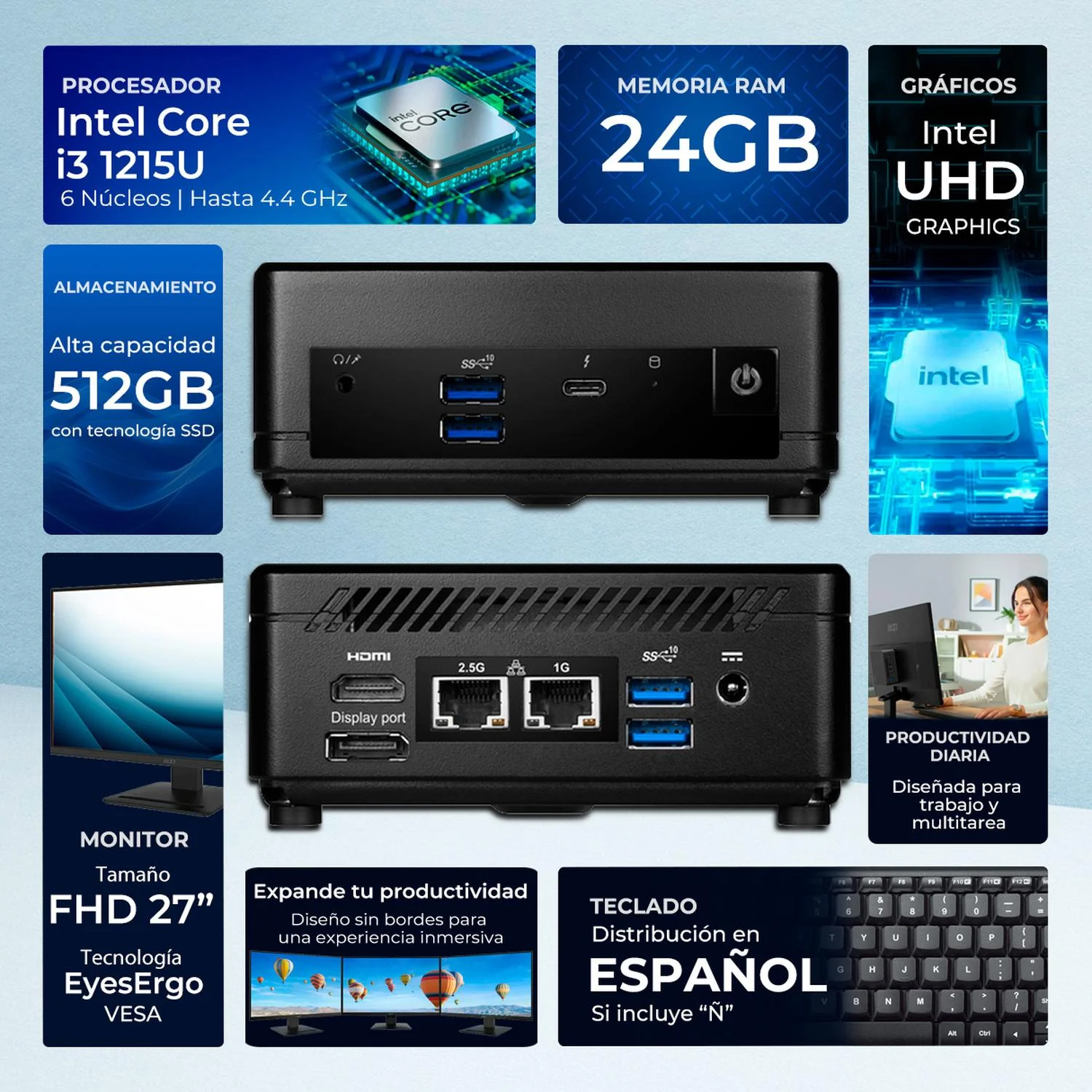 Computadora Mini PC MSI CUBI 5 Intel Core i3 1215U 24GB SSD 512GB Monitor 27" 1ms 144Hz Teclado Mouse WiFi 6E BT 5.3 ThunderBolt 4 Educacion Multitarea Productividad - Image 2