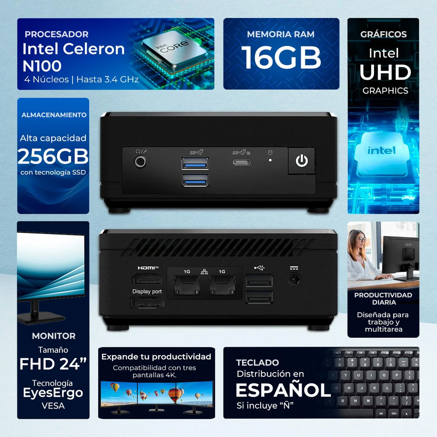 Computadora Mini PC MSI CUBI Intel Celeron N100 16GB SSD 256GB Monitor 24" 1ms 120Hz Teclado Mouse WiFi Bluetooth Ideal Para Educación y Punto de Venta - Image 2