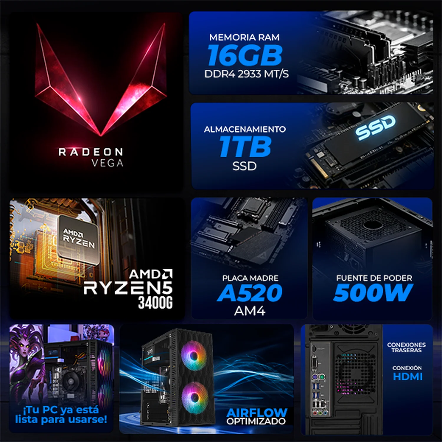 Computadora Escritorio Xtreme PC Gaming AMD Radeon Vega 11 Ryzen 5 3400G 16GB SSD 1TB WIFI Black gaming ligero en calidad baja, oficina, estudio y hogar - Image 3