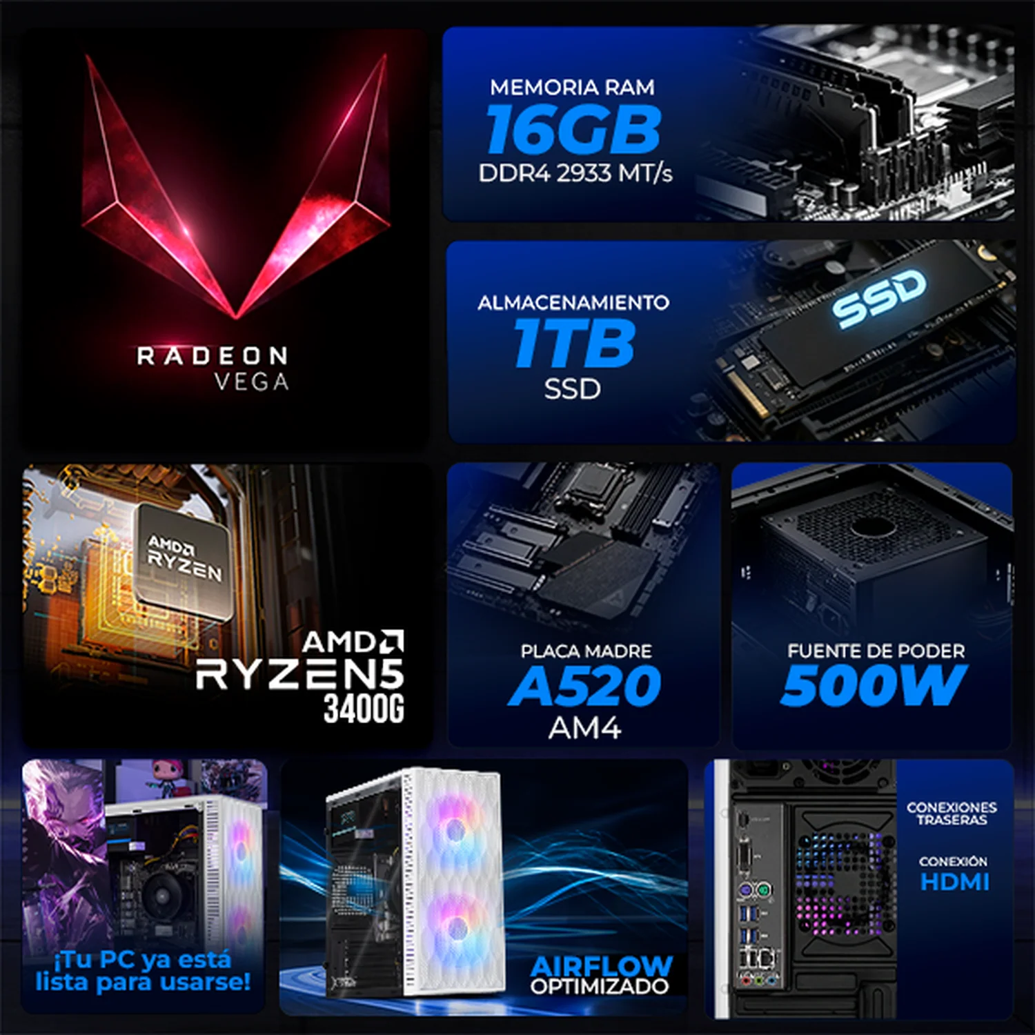 Computadora Escritorio Xtreme PC Gaming AMD Radeon Vega 11 Ryzen 5 3400G 16GB SSD 1TB WIFI White gaming ligero en calidad baja, oficina, estudio y hogar - Image 3
