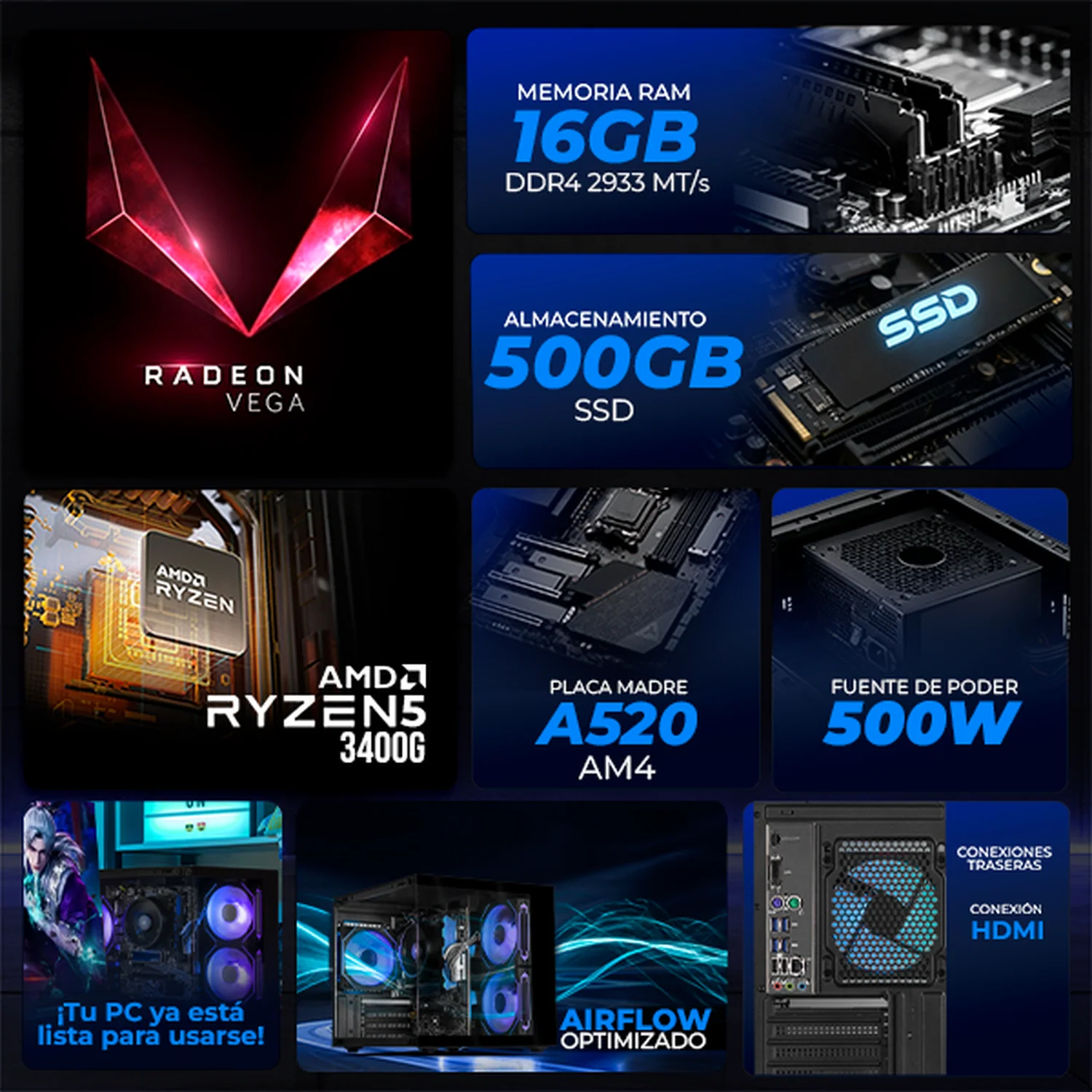 Computadora Escritorio Xtreme PC Gaming AMD Radeon Vega 11 Ryzen 5 3400G 16GB SSD 500GB WIFI Black rendimiento básico para juegos casuales, trabajo y estudio - Image 3