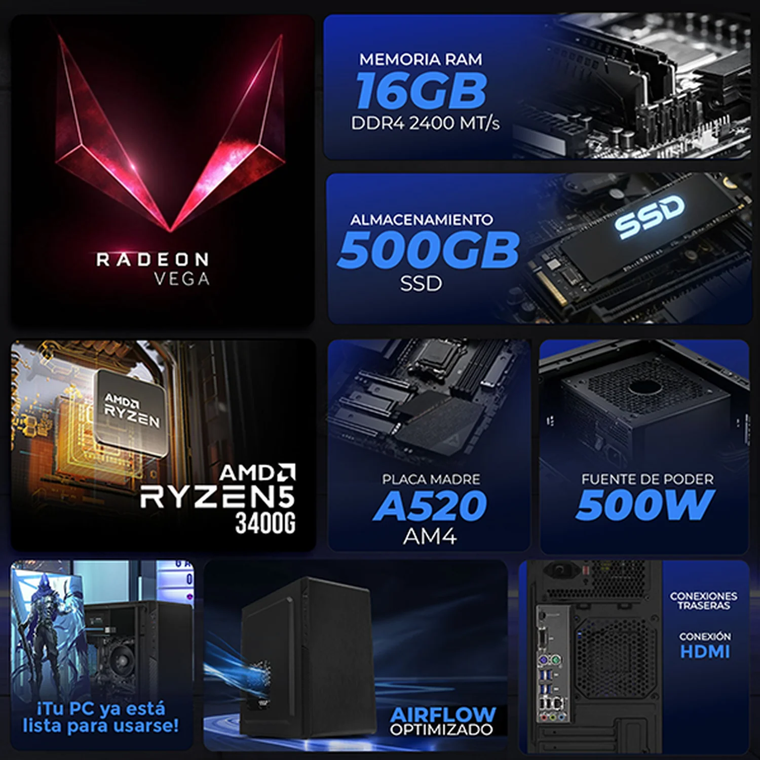 Computadora Escritorio Xtreme PC Gaming AMD Radeon Vega 11 Ryzen 5 3400G 16GB SSD 500GB WIFI Black rendimiento básico para juegos casuales, trabajo y estudio - Image 3