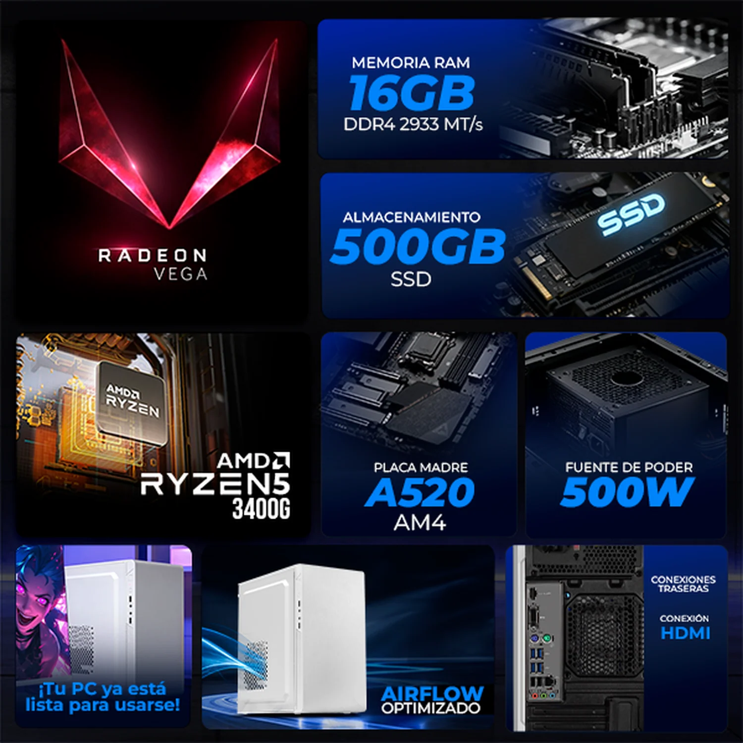 Computadora Escritorio Xtreme PC Gaming AMD Radeon Vega 11 Ryzen 5 3400G 16GB SSD 500GB WIFI White rendimiento básico para juegos casuales, trabajo y estudio - Image 3