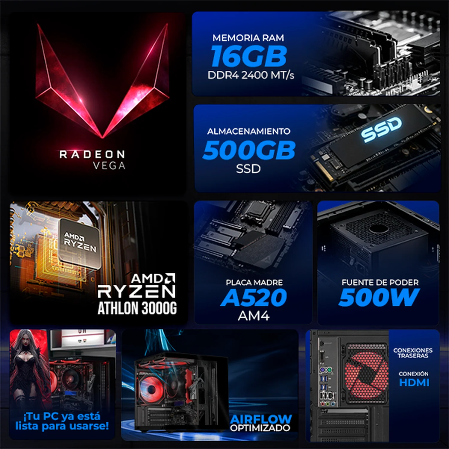 Computadora Escritorio Xtreme PC Gaming AMD Radeon Vega 3 Athlon 3000G 16GB SSD 500GB WIFI Black rendimiento básico para juegos casuales, trabajo y estudio - Image 3