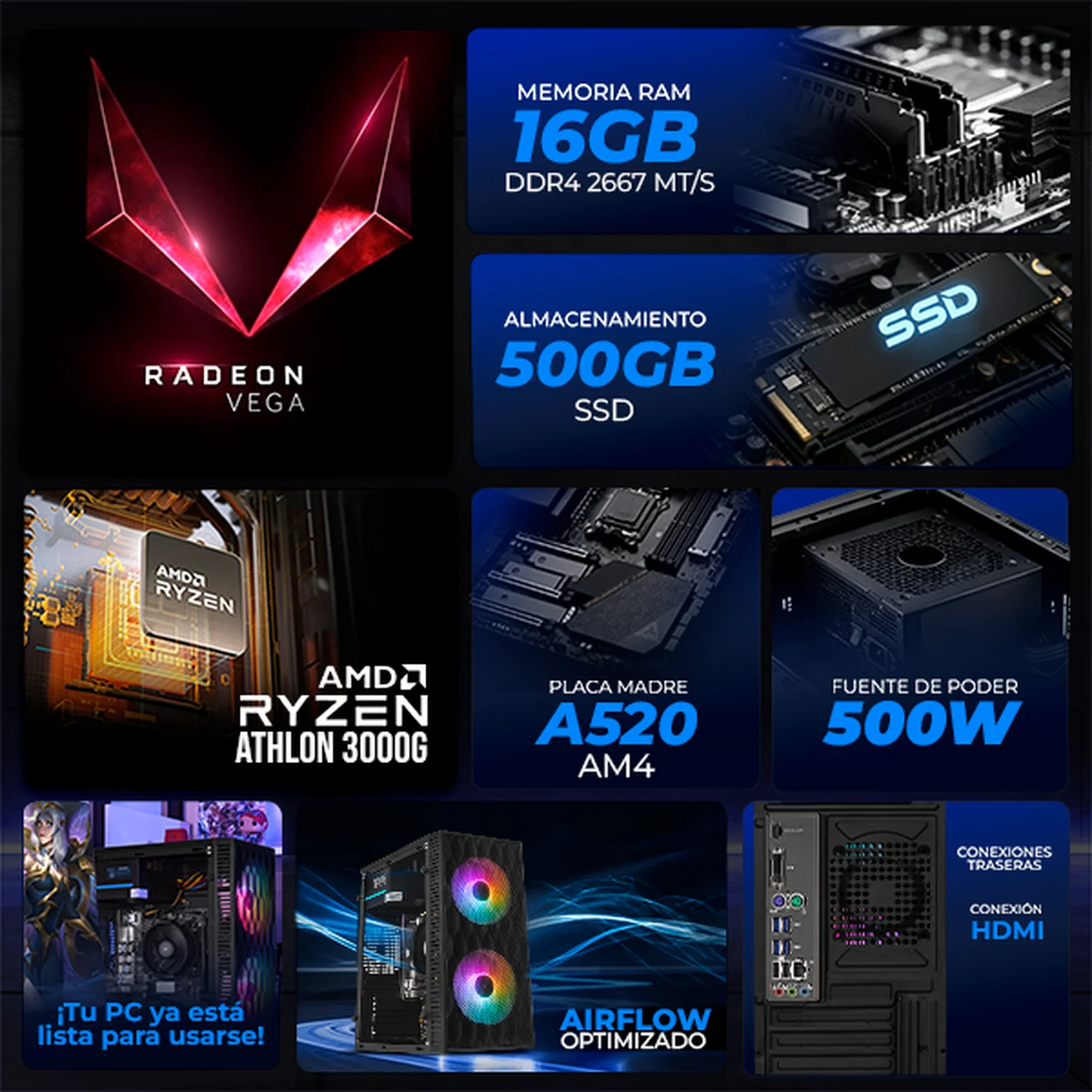 Computadora Escritorio Xtreme PC Gaming AMD Radeon Vega 3 Athlon 3000G 16GB SSD 500GB WIFI Black gaming ligero en calidad baja, oficina, estudio y hogar - Image 3