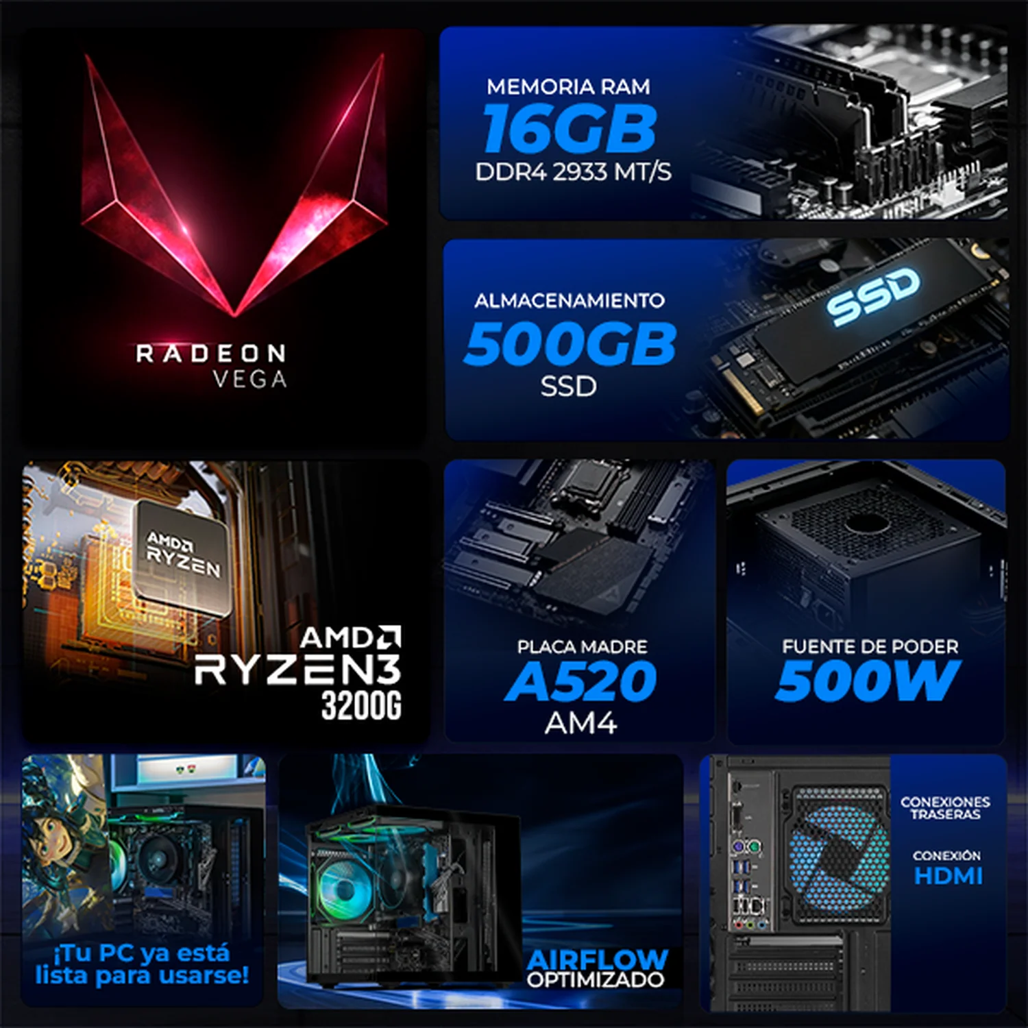 Computadora Escritorio Xtreme PC Gaming AMD Radeon Vega 8 Ryzen 3 3200G 16GB SSD 500GB WIFI Black rendimiento básico para juegos casuales, trabajo y estudio - Image 3