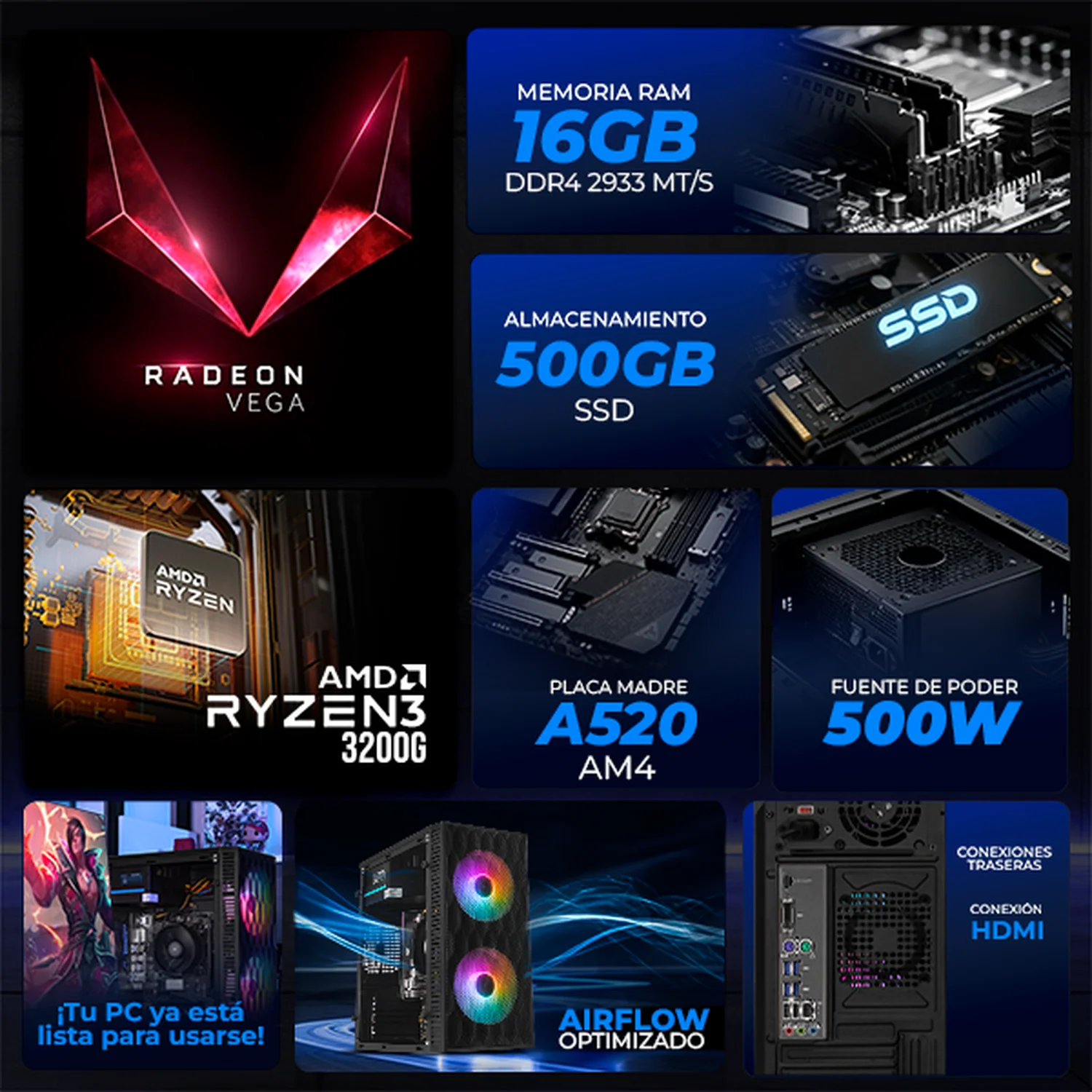 Computadora Escritorio Xtreme PC Gaming AMD Radeon Vega 8 Ryzen 3 3200G 16GB SSD 500GB WIFI Black gaming ligero en calidad baja, oficina, estudio y hogar - Image 3