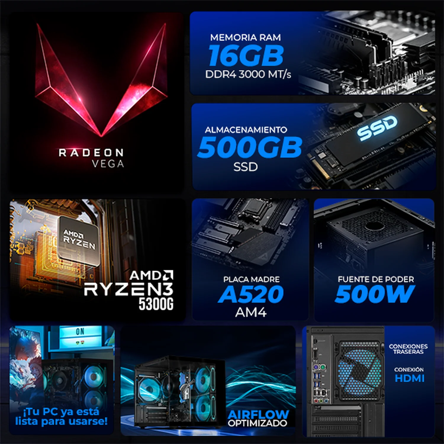 Computadora Escritorio Xtreme PC Gaming AMD Radeon Vega Renoir Ryzen 3 5300G 16GB SSD 500GB WIFI Black rendimiento básico para juegos casuales, trabajo y estudio - Image 3