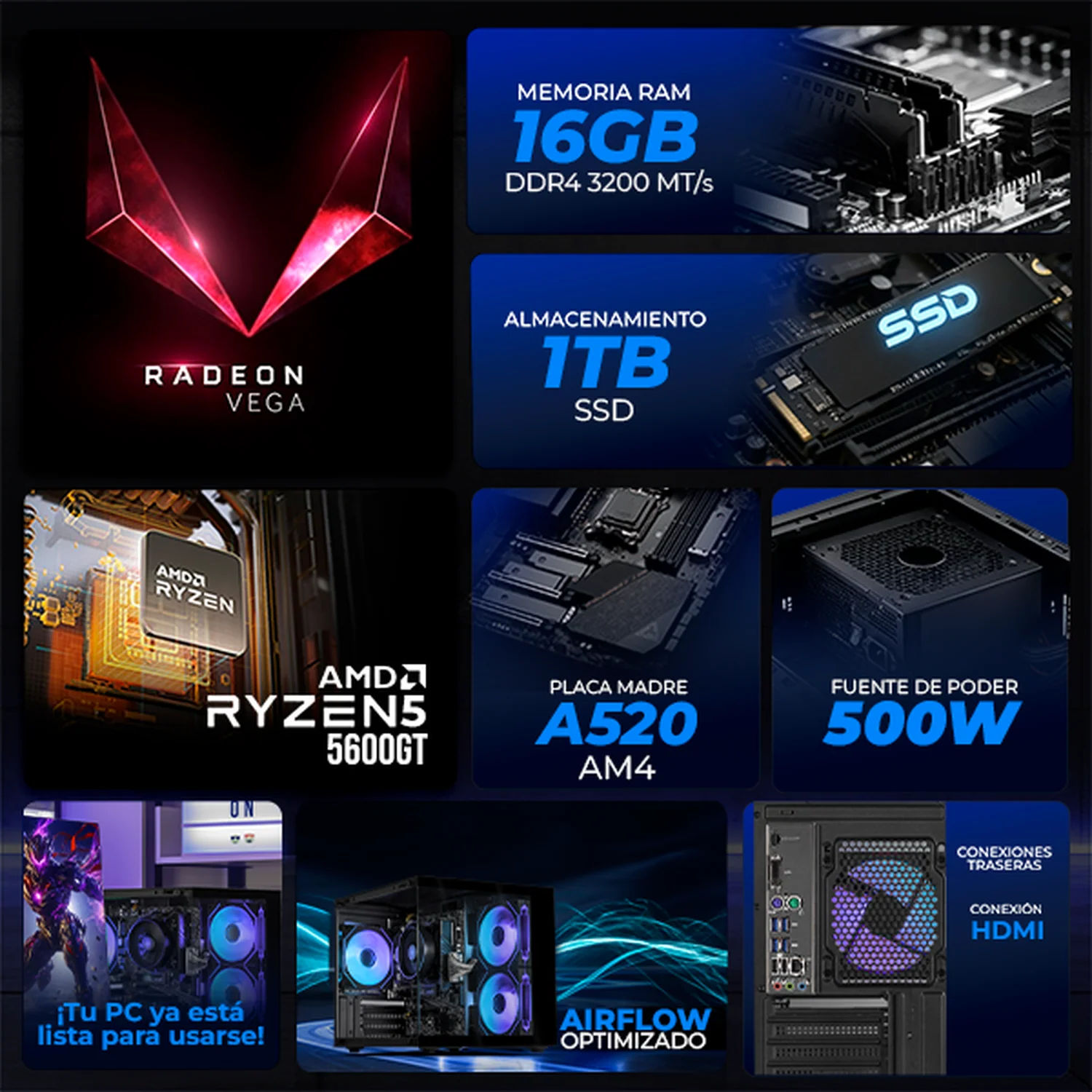 Computadora Escritorio Xtreme PC Gaming AMD Radeon Vega Renoir Ryzen 5 5600GT 16GB SSD 1TB WIFI Black rendimiento básico para juegos casuales, trabajo y estudio - Image 3
