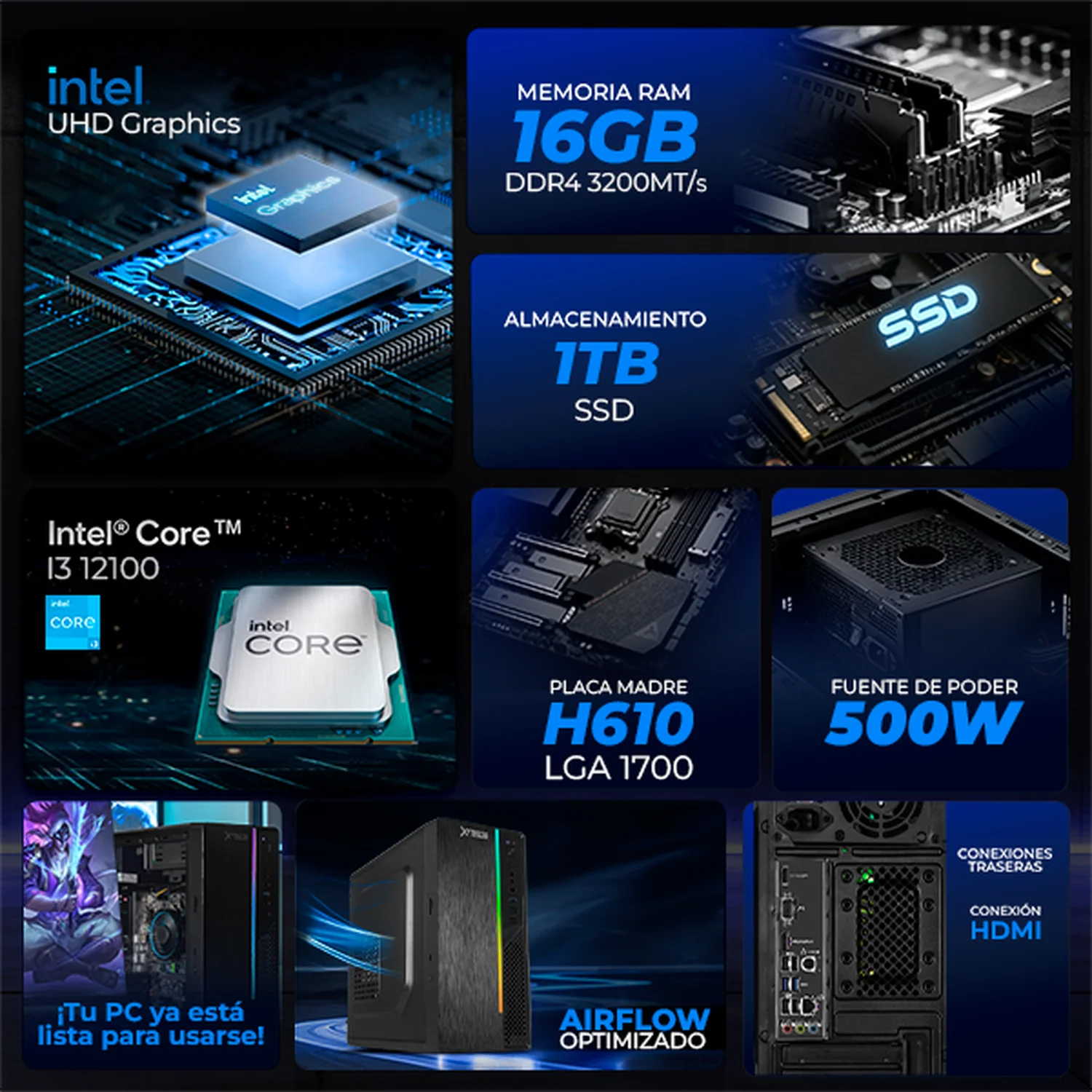Computadora Escritorio Xtreme PC Gaming Intel Core i3 12100 16GB SSD 1TB WIFI Black gaming ligero en calidad baja, oficina, estudio y hogar - Image 3