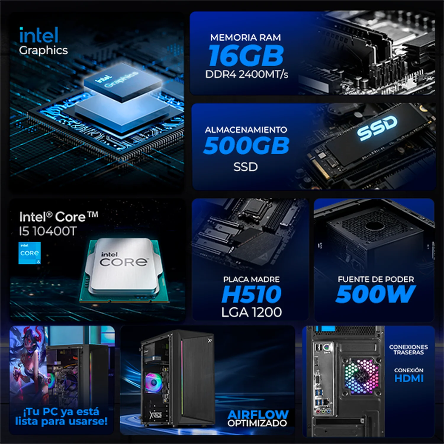 Computadora Escritorio Xtreme PC Gaming Intel Core i5 10400T 16GB SSD 500GB WIFI Grey rendimiento básico para juegos casuales, trabajo y estudio - Image 3
