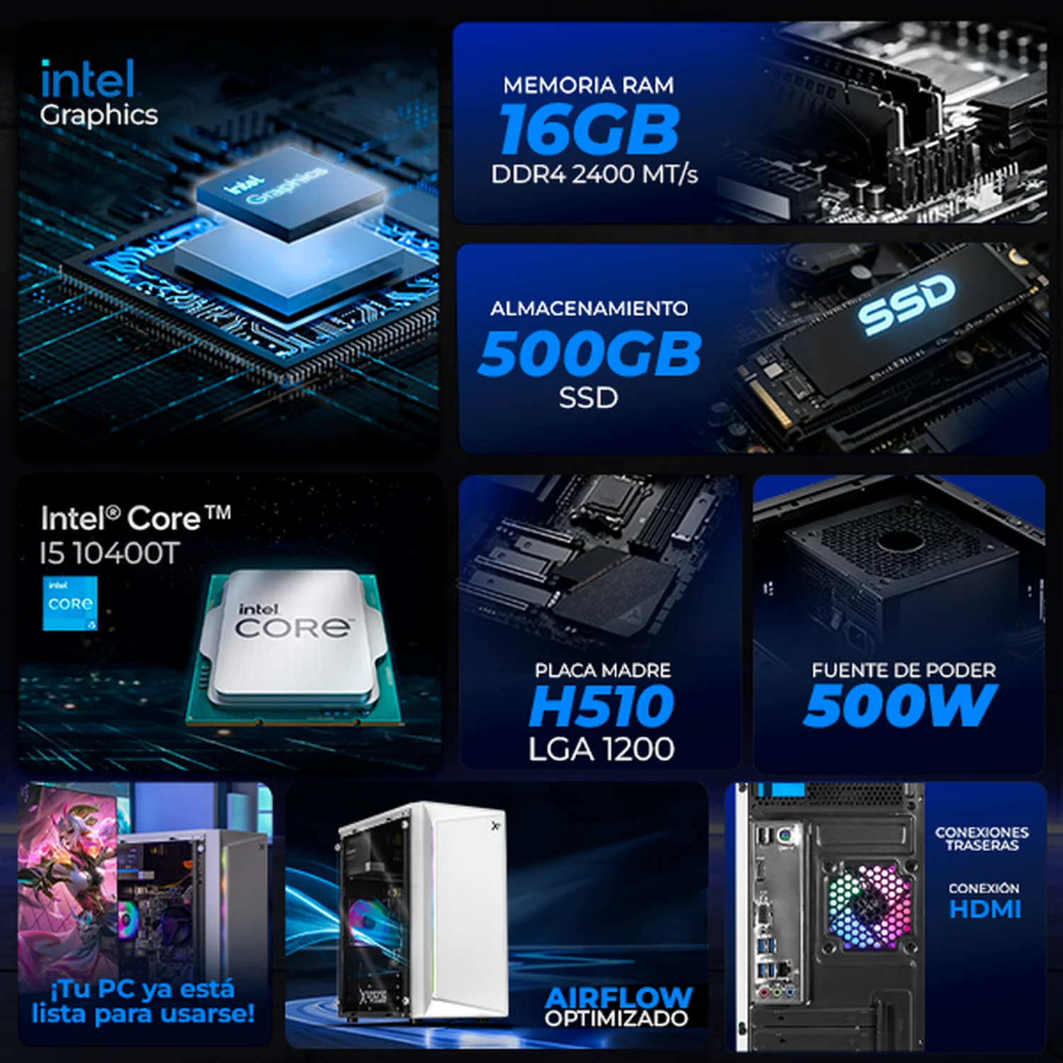 Computadora Escritorio Xtreme PC Gaming Intel Core i5 10400T 16GB SSD 500GB WIFI White rendimiento básico para juegos casuales, trabajo y estudio - Image 3