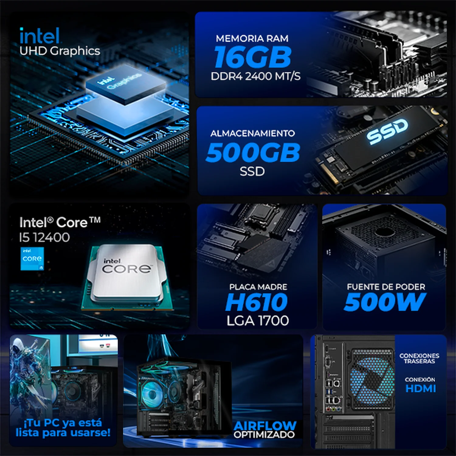 Computadora Escritorio Xtreme PC Gaming Intel Core i5 12400 16GB SSD 500GB WIFI Black rendimiento básico para juegos casuales, trabajo y estudio - Image 3