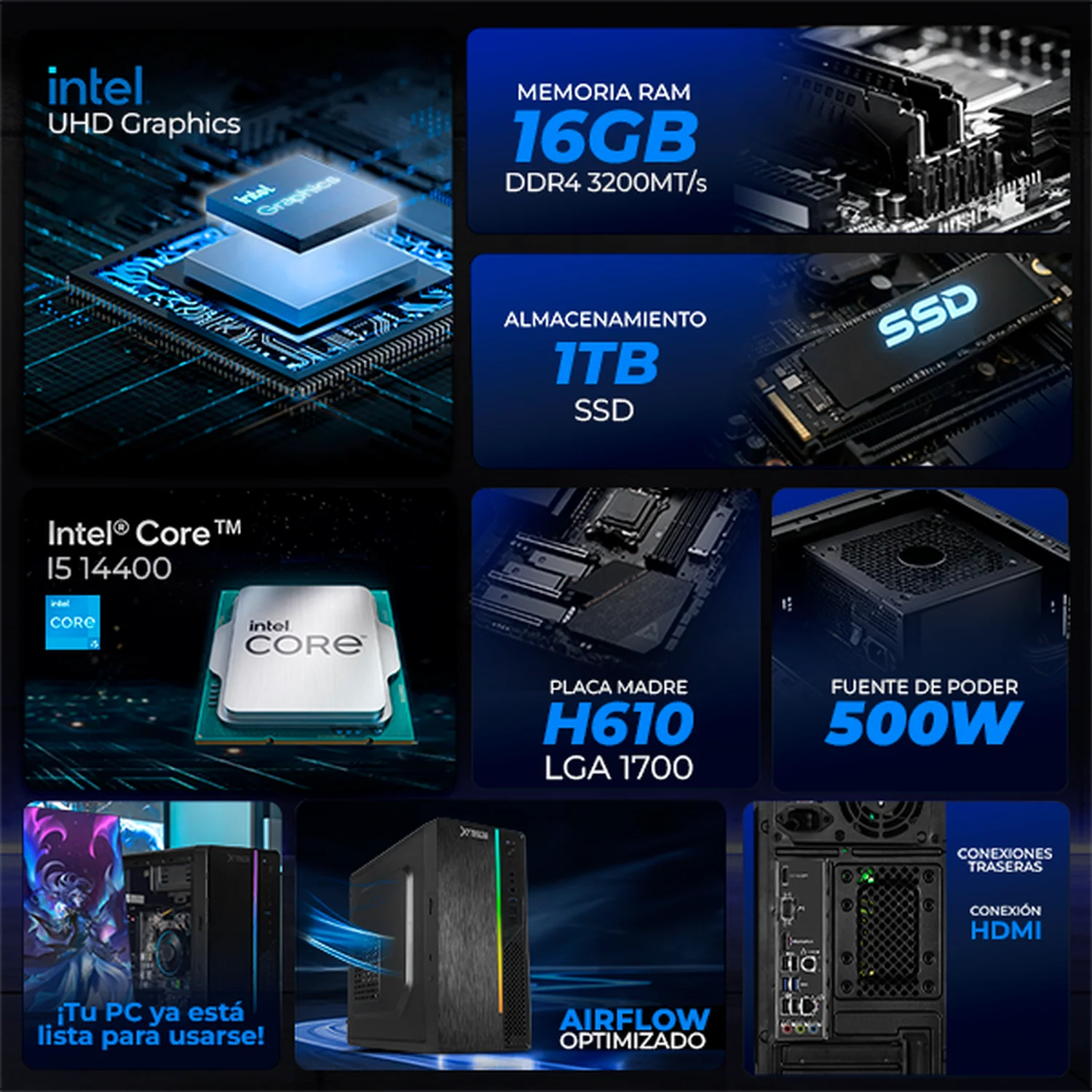 Computadora Escritorio Xtreme PC Gaming Intel Core i5 14400 16GB SSD 1TB WIFI Black gaming ligero en calidad baja, oficina, estudio y hogar - Image 3