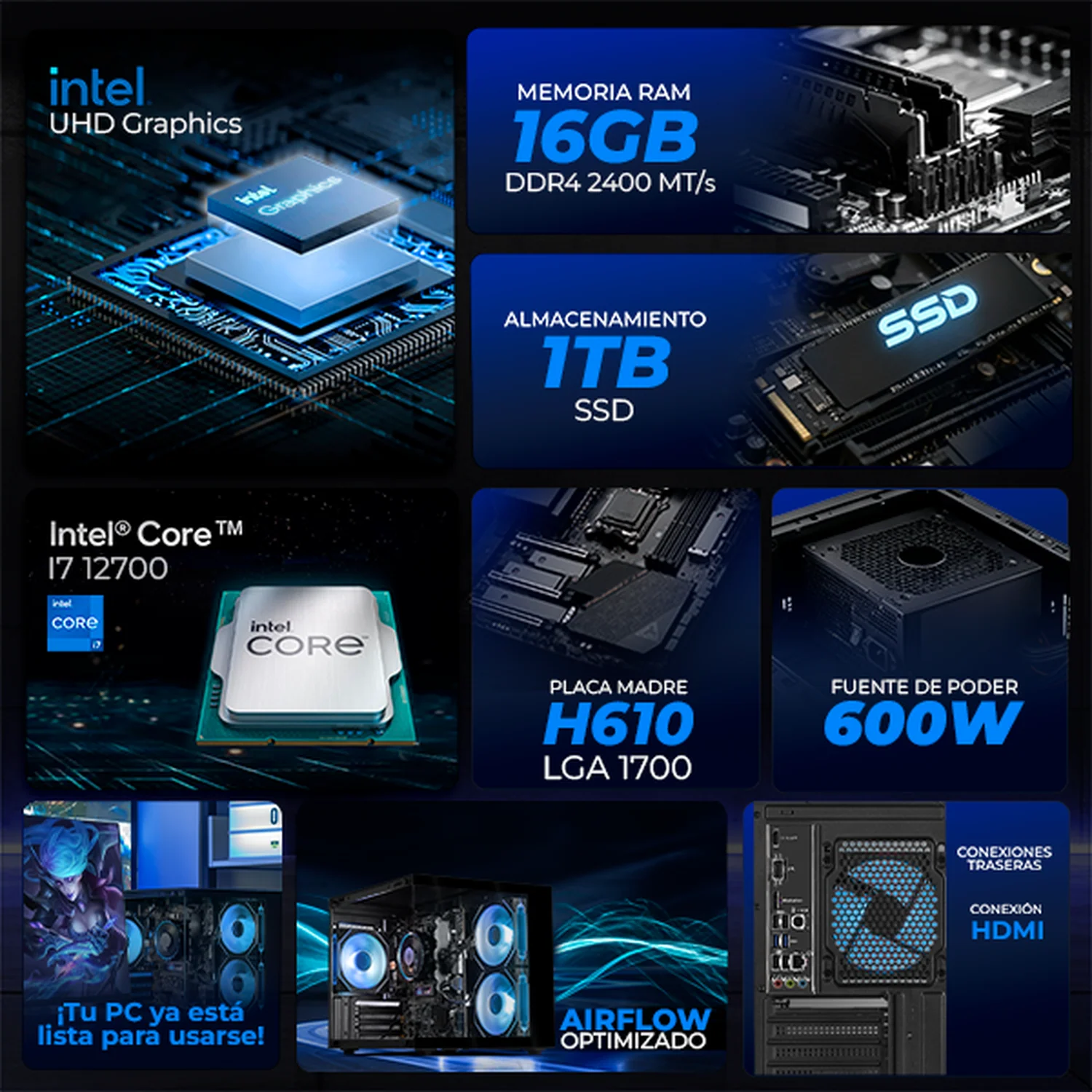 Computadora Escritorio Xtreme PC Gaming Intel Core i7 12700 16GB SSD 1TB WIFI Black rendimiento básico para juegos casuales, trabajo y estudio - Image 3