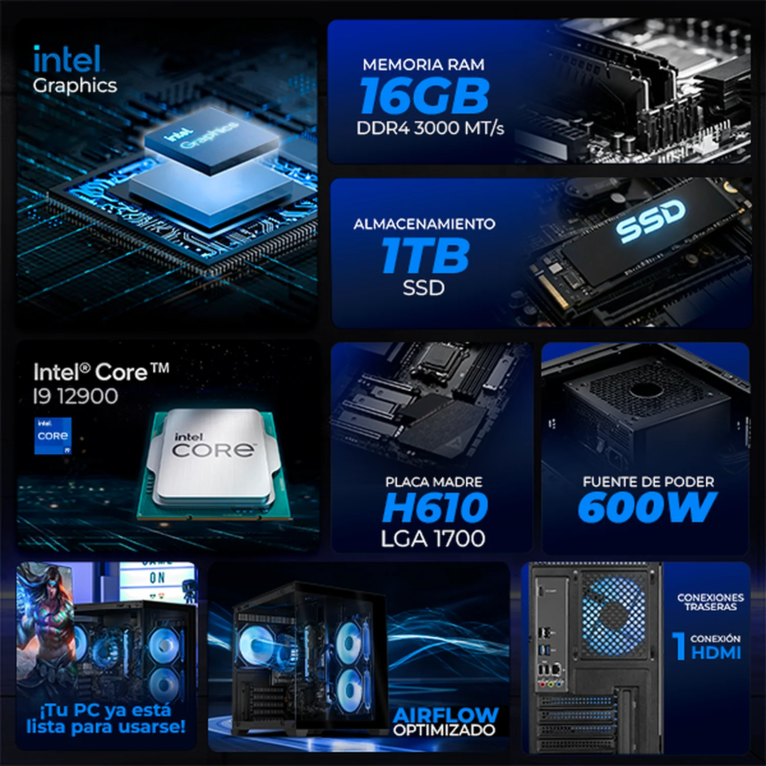 Computadora Escritorio Xtreme PC Gaming Intel Core i9 12900 16GB SSD 1TB WIFI Black rendimiento básico para juegos casuales, trabajo y estudio - Image 3