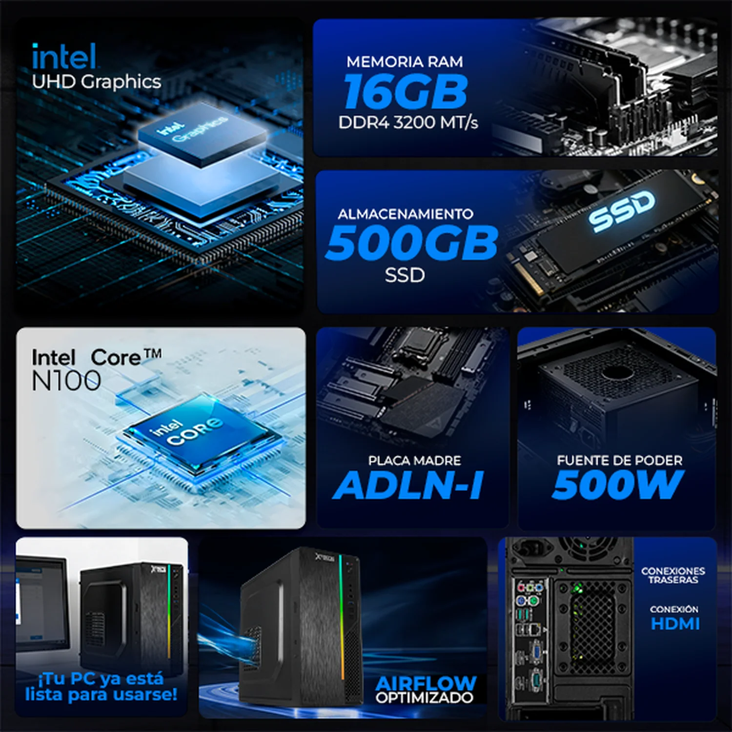 Computadora Escritorio Xtreme PC Gaming Intel N100 16GB SSD 500GB WIFI Black ideal para punto de venta, trabajo administrativo y uso diario - Image 3