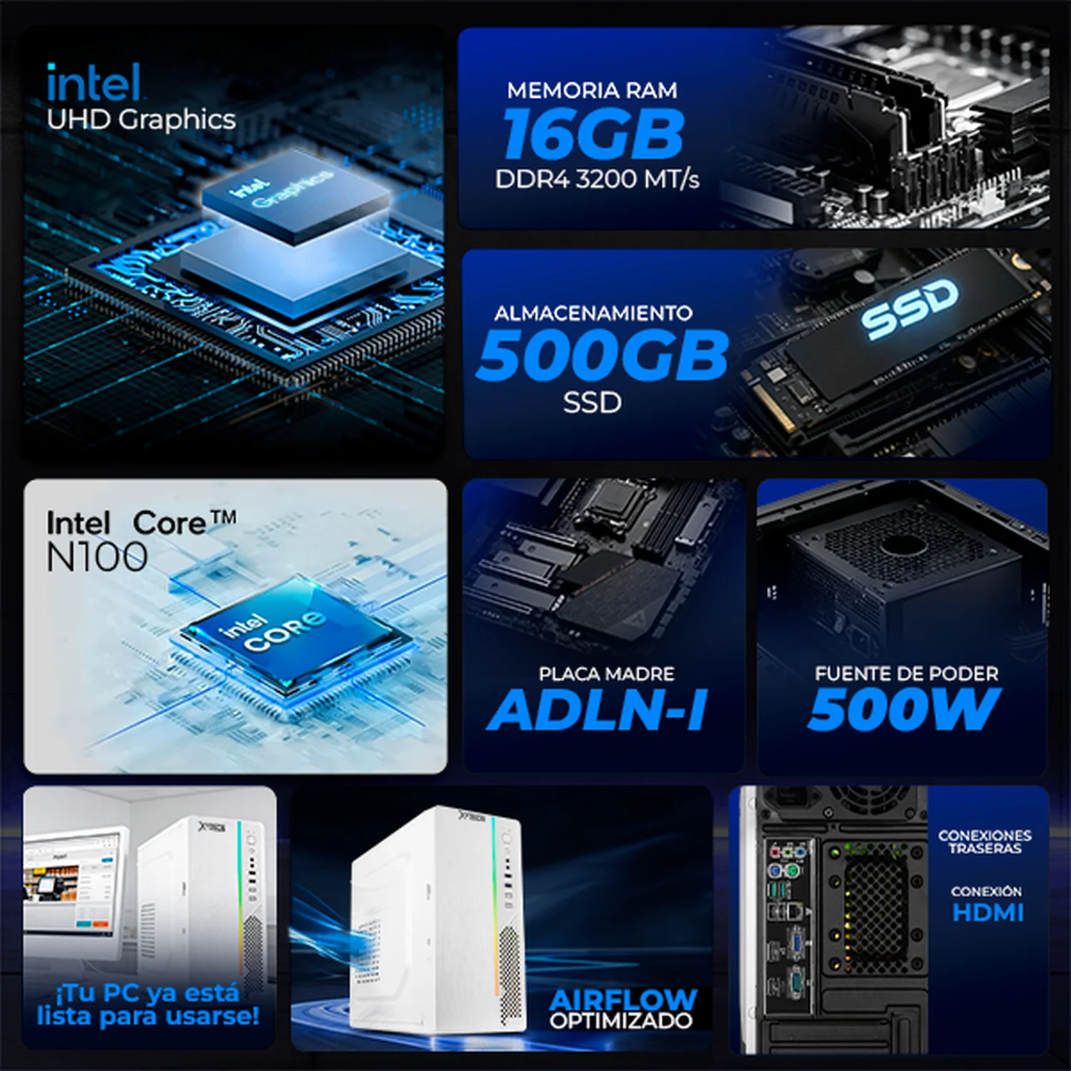 Computadora Escritorio Xtreme PC Gaming Intel N100 16GB SSD 500GB WIFI White ideal para punto de venta, trabajo administrativo y uso diario - Image 3