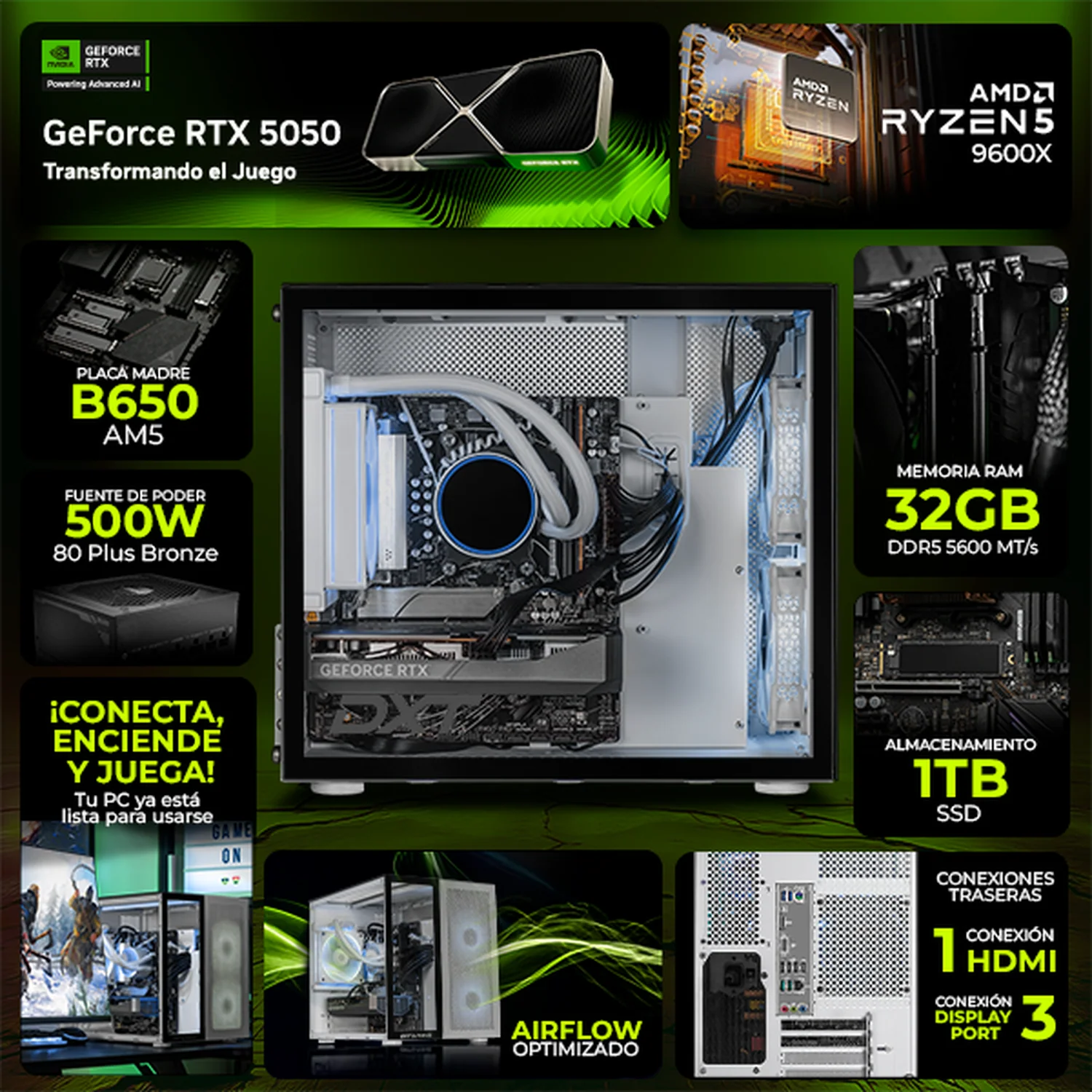 Computadora Gamer Completa DXT GAMING NVIDIA GeForce RTX 5050 AMD Ryzen 5 9600X 32GB DDR5 SSD 1TB Monitor 27 165Hz Sistema Liquido WIFI BT W11 Silver gaming estable en calidad media - Image 3