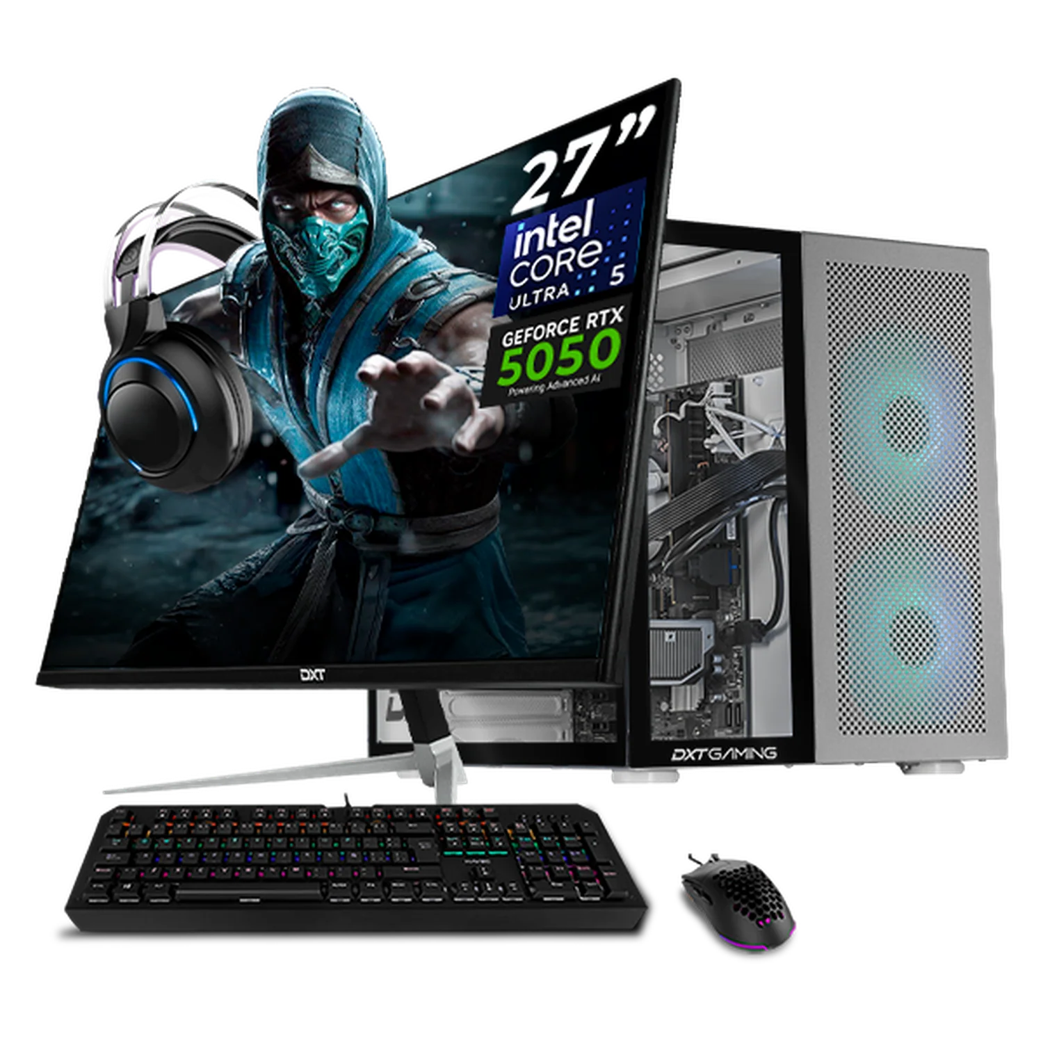 PC Gamer Completa IA Entry DXT GAMING NVIDIA GeForce RTX 5050 Intel Core Ultra 5 225F 16GB DDR5 SSD 1TB Monitor 27 165Hz Sistema Liquido WIFI BT Silver Rendimiento Inteligente con IA