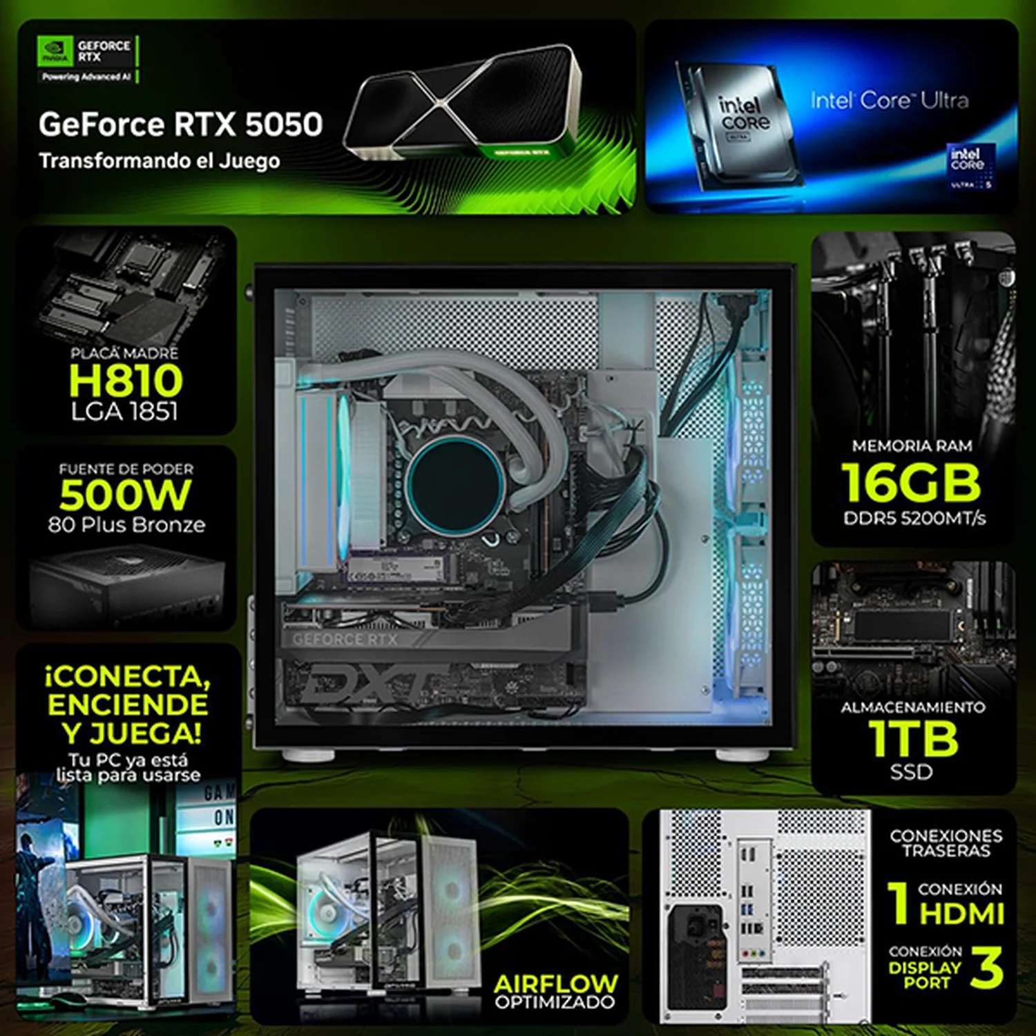 PC Gamer Completa IA Entry DXT GAMING NVIDIA GeForce RTX 5050 Intel Core Ultra 5 225F 16GB DDR5 SSD 1TB Monitor 27 165Hz Sistema Liquido WIFI BT Silver Rendimiento Inteligente con IA - Image 3