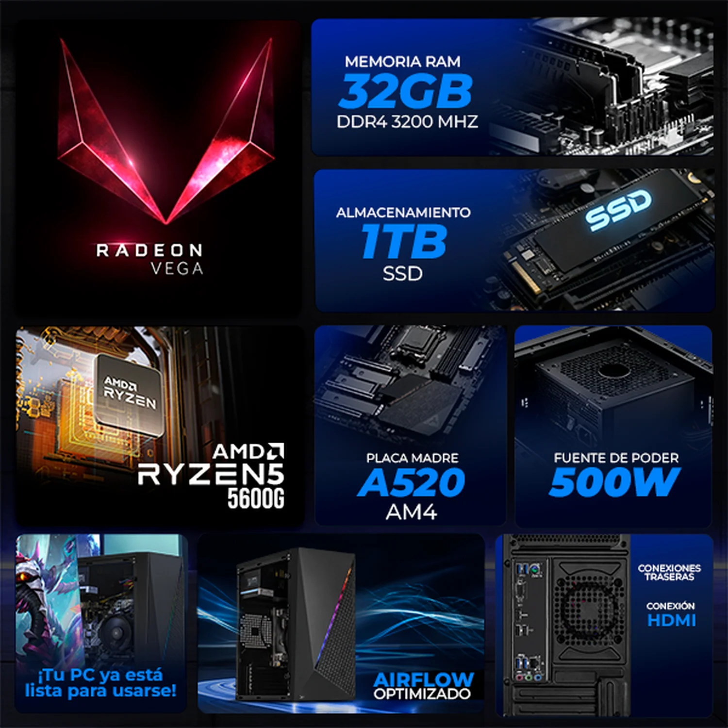 Computadora Escritorio Completa Xtreme PC Gaming AMD Radeon Vega Renoir Ryzen 5 5600G 32GB SSD 1TB Monitor 23.8 75Hz WIFI Black gaming ligero en calidad baja, oficina, estudio y hogar - Image 3