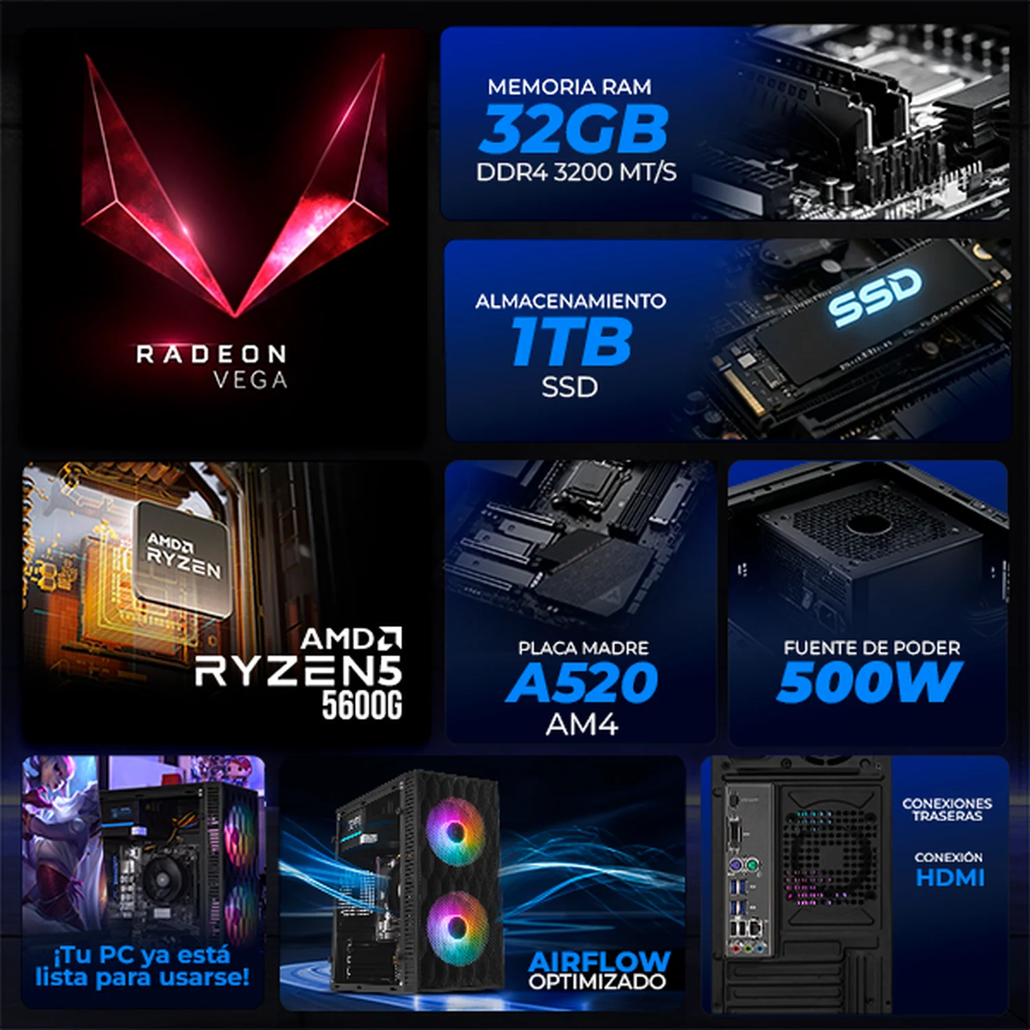 Computadora Escritorio Completa Xtreme PC Gaming AMD Radeon Vega Renoir Ryzen 5 5600G 32GB SSD 1TB Monitor 23.8 75Hz WIFI Black gaming ligero en calidad baja, oficina, estudio y hogar - Image 3