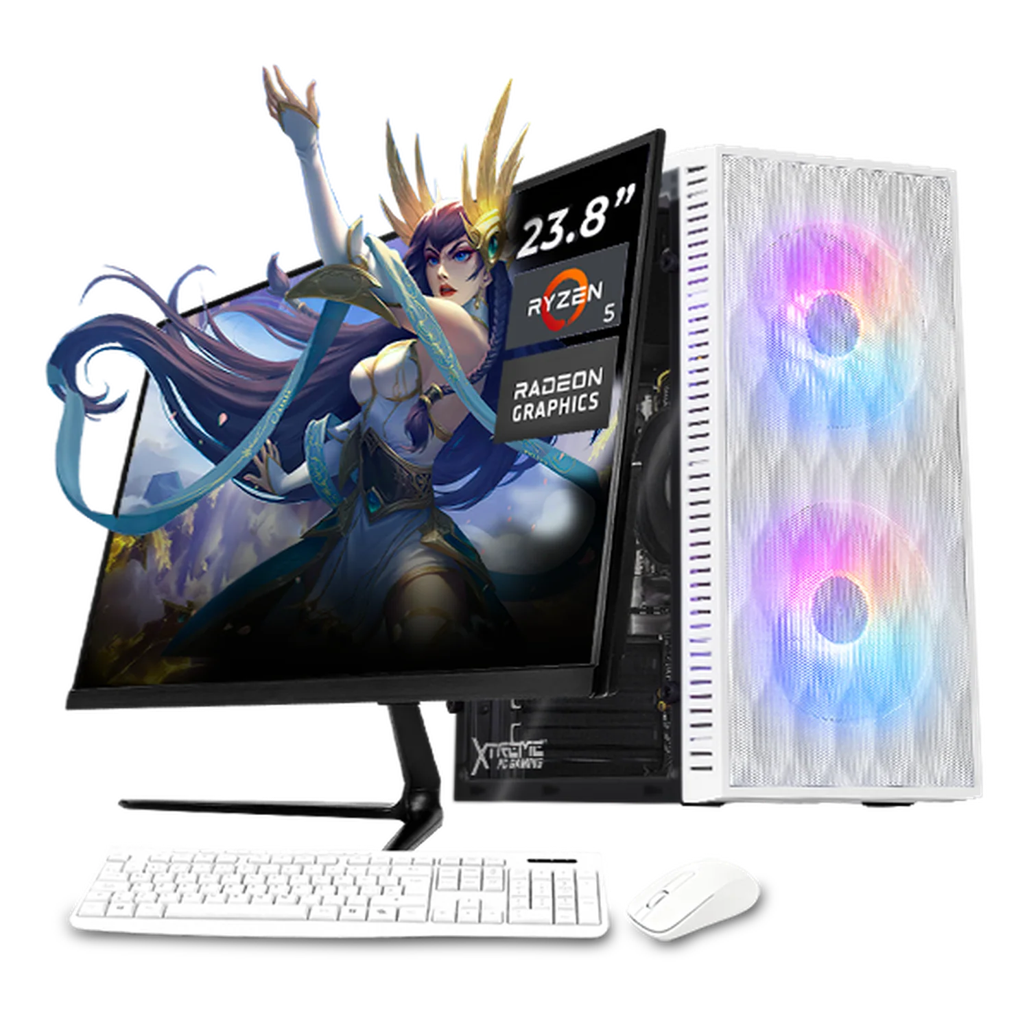 Computadora Escritorio Completa Xtreme PC Gaming AMD Radeon Vega Renoir Ryzen 5 5600GT 32GB SSD 1TB Monitor 23.8 75Hz WIFI White rendimiento básico para juegos casuales, trabajo y estudio