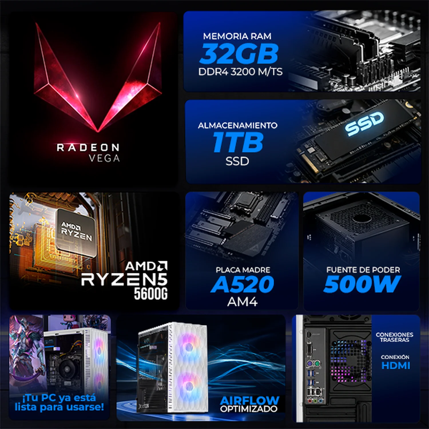 Computadora Escritorio Completa Xtreme PC Gaming AMD Radeon Vega Renoir Ryzen 5 5600GT 32GB SSD 1TB Monitor 23.8 75Hz WIFI White rendimiento básico para juegos casuales, trabajo y estudio - Image 3