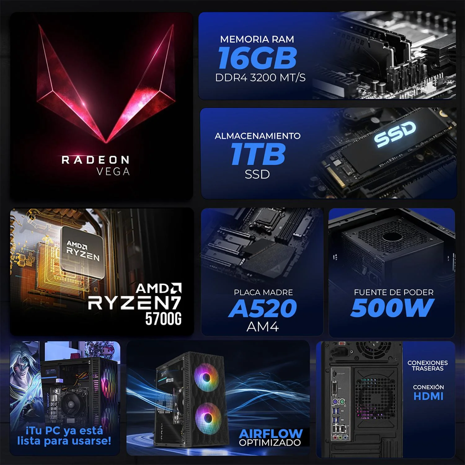 Computadora Escritorio Completa Xtreme PC Gaming AMD Radeon Vega Renoir Ryzen 7 5700G 16GB SSD 1TB Monitor 23.8 75Hz WIFI Black rendimiento básico para juegos casuales, trabajo y estudio - Image 3
