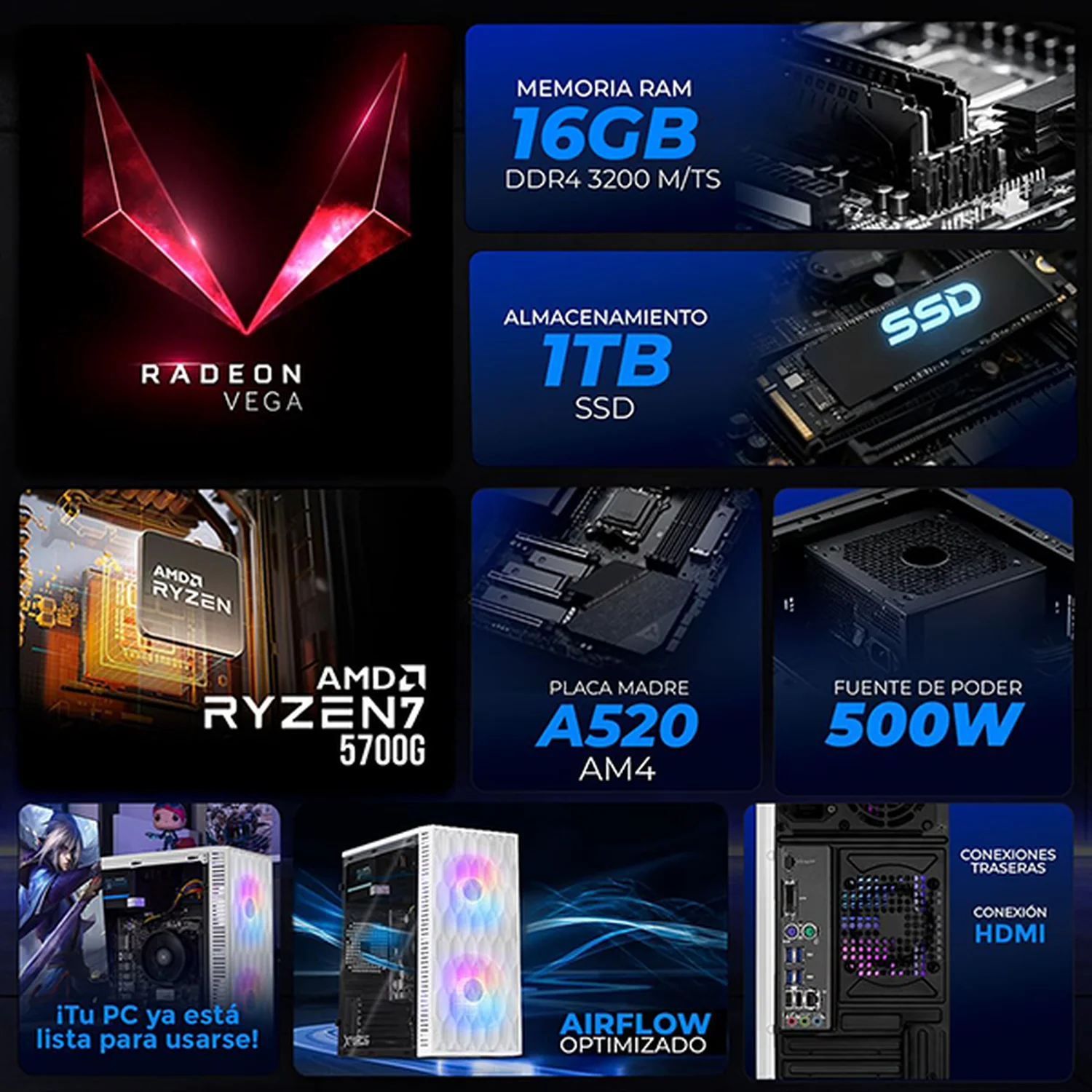 Computadora Escritorio Completa Xtreme PC Gaming AMD Radeon Vega Renoir Ryzen 7 5700G 16GB SSD 1TB Monitor 23.8 WIFI White rendimiento básico para juegos casuales, trabajo y estudio - Image 3