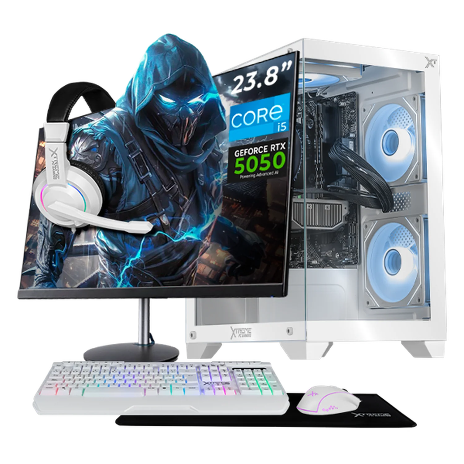 Computadora Gamer Completa Xtreme PC Gaming NVIDIA GeForce RTX 5050 Intel Core i5 12400F 16GB SSD 1TB Monitor 23.8 180Hz WIFI BT White experiencia de juego fluida en nivel medio