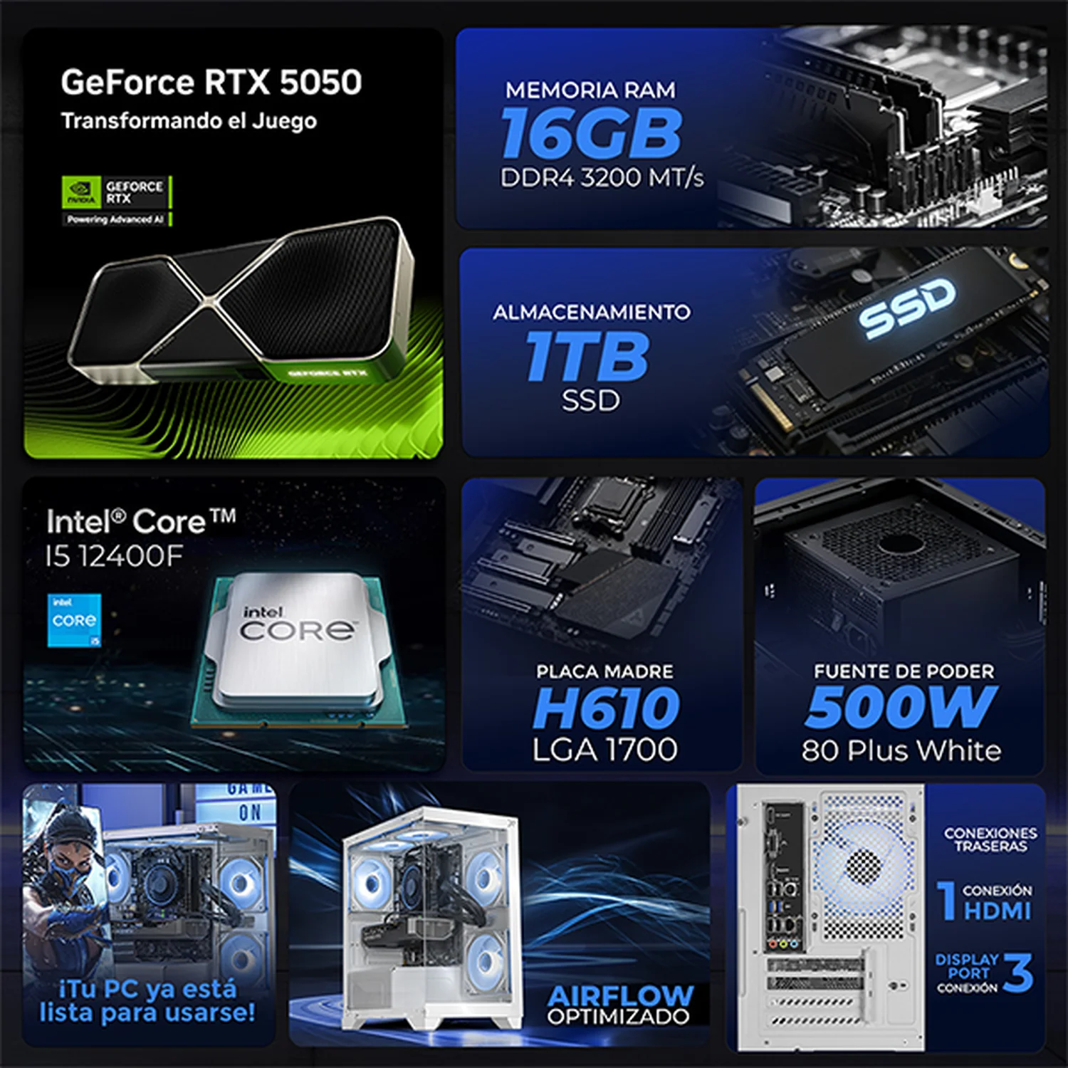 Computadora Gamer Completa Xtreme PC Gaming NVIDIA GeForce RTX 5050 Intel Core i5 12400F 16GB SSD 1TB Monitor 23.8 180Hz WIFI BT White experiencia de juego fluida en nivel medio - Image 3