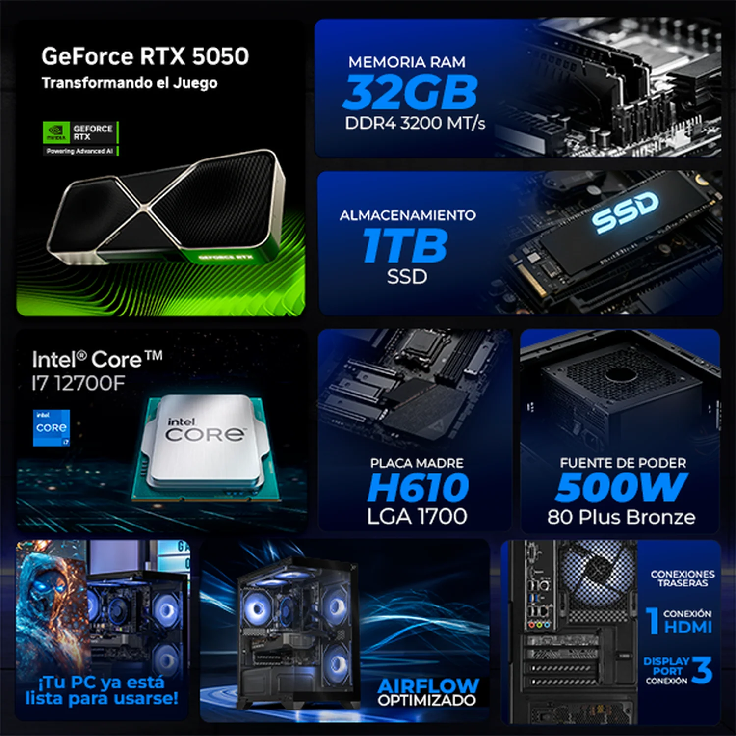Computadora Gamer Completa Xtreme PC Gaming NVIDIA GeForce RTX 5050 Intel Core i7 12700F 32GB SSD 1TB Monitor 23.8 180Hz WIFI BT Black gaming estable en calidad media - Image 3