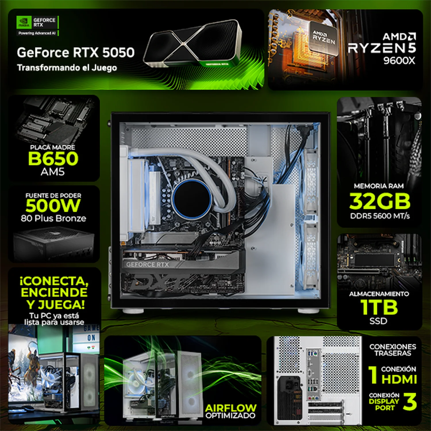 Computadora Gamer DXT GAMING NVIDIA GeForce RTX 5050 AMD Ryzen 5 9600X 32GB DDR5 SSD 1TB Sistema Liquido WIFI BT W11 Silver gaming estable en calidad media - Image 3