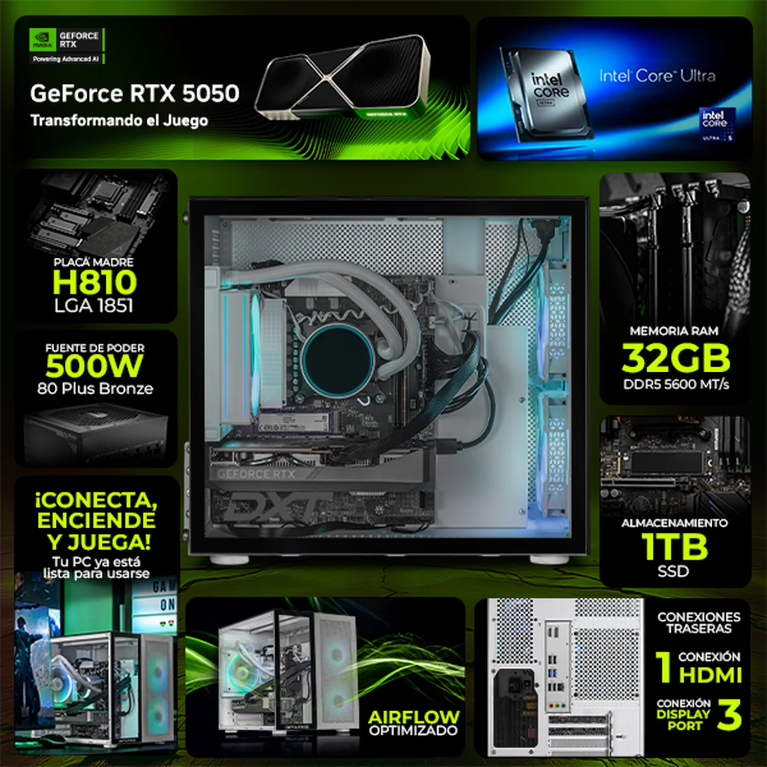 Computadora Gamer DXT GAMING NVIDIA GeForce RTX 5050 Intel Core Ultra 5 225F 32GB DDR5 SSD 1TB Sistema Liquido WIFI BT W11 Silver gaming estable en calidad media - Image 3