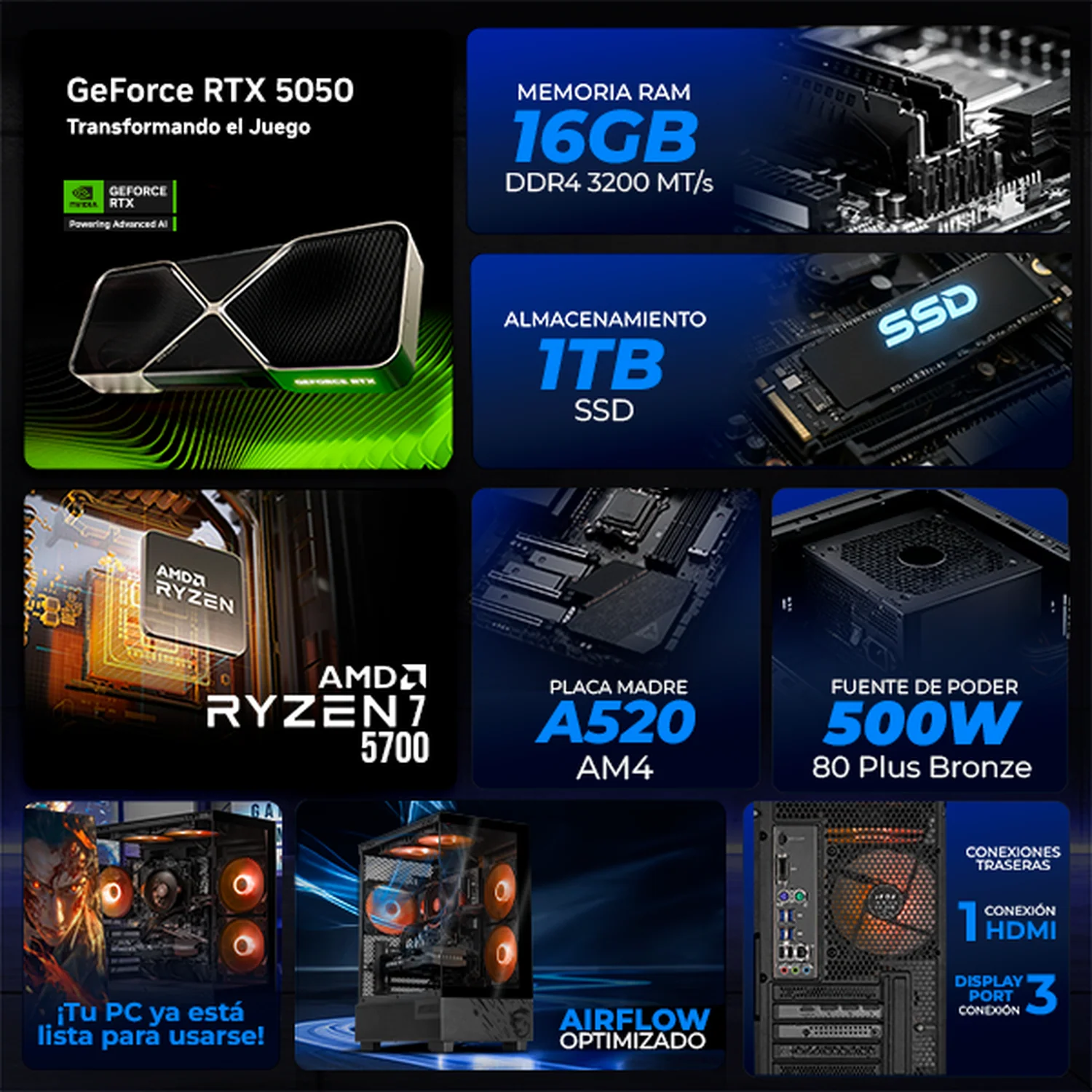 Computadora Gamer IA Xtreme PC Gaming MSI NVIDIA GeForce RTX 5050 AMD Ryzen 7 5700 16GB SSD 1TB WIFI Black Rendimiento Inteligente con IA - Image 3