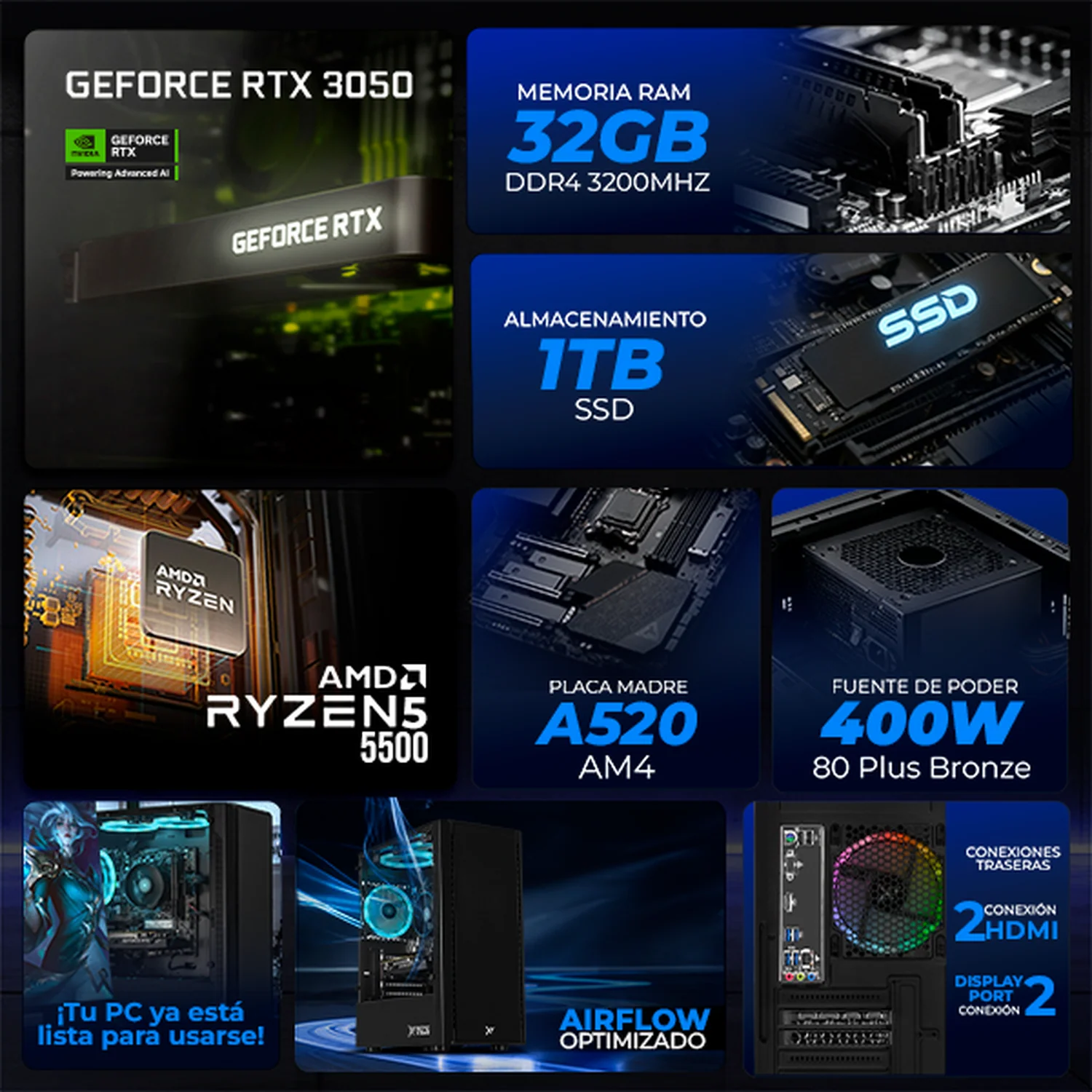 Computadora Gamer Xtreme PC Gaming NVIDIA GeForce RTX 3050 AMD Ryzen 5 5500 32GB SSD 1TB WIFI W10 Black gaming estable en calidad media - Image 3