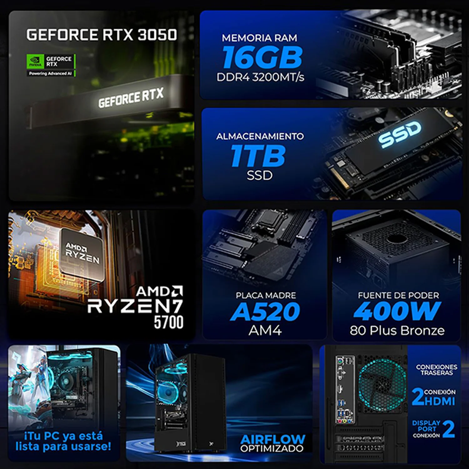 PC Gamer Xtreme PC Gaming NVIDIA GeForce RTX 3050 AMD Ryzen 7 5700 16GB SSD 1TB WIFI Black experiencia de juego fluida en nivel medio - Image 3