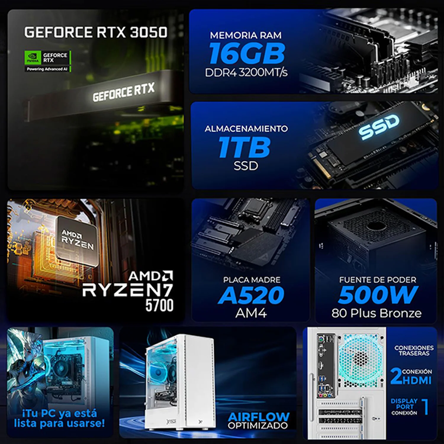 Computadora Gamer Xtreme PC Gaming NVIDIA GeForce RTX 3050 AMD Ryzen 7 5700 16GB SSD 1TB WIFI White experiencia de juego fluida en nivel medio - Image 3