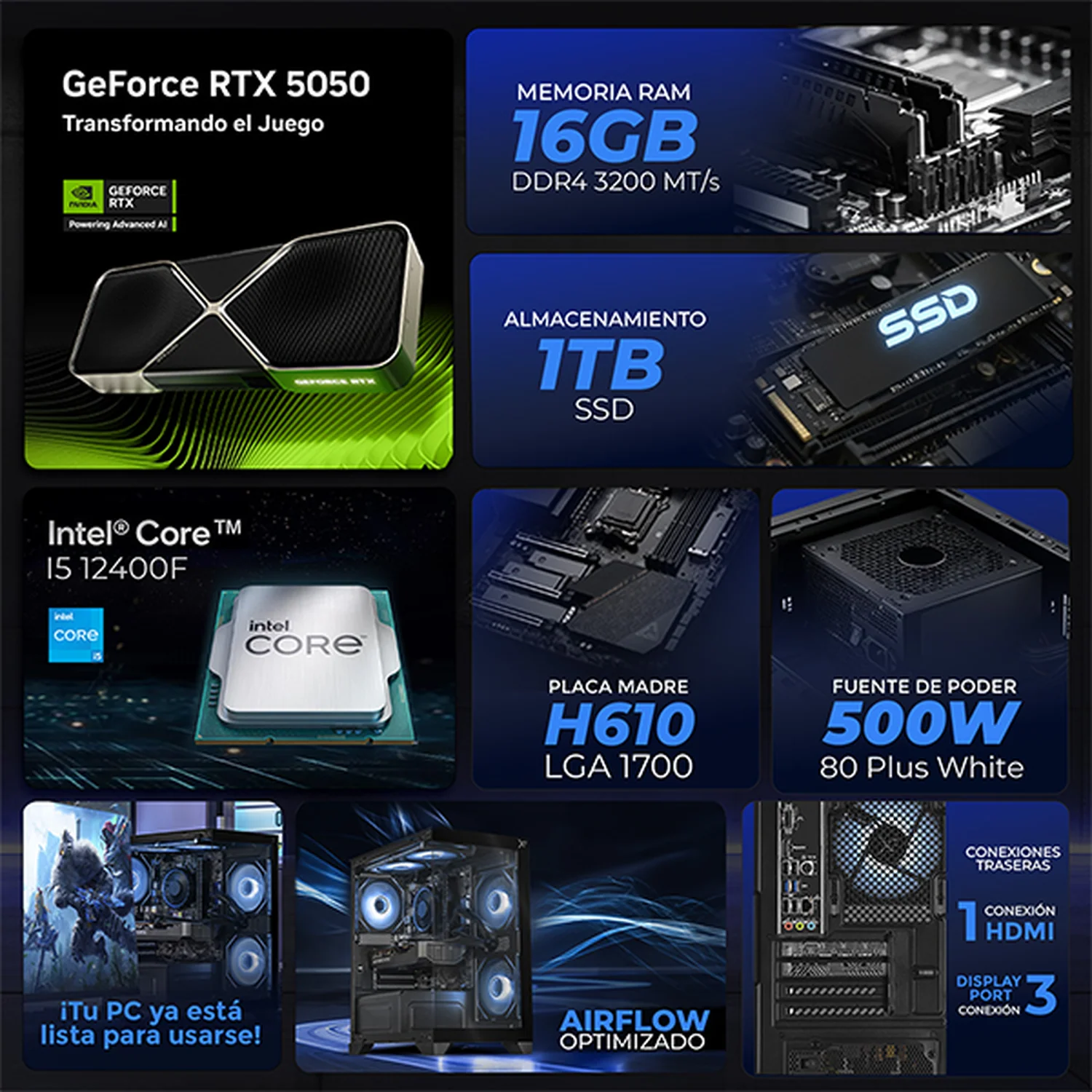 Computadora Gamer con IA Xtreme PC Gaming NVIDIA GeForce RTX 5050 Intel Core i5 12400F 16GB SSD 1TB WIFI BT Black experiencia de juego fluida en nivel medio - Image 3