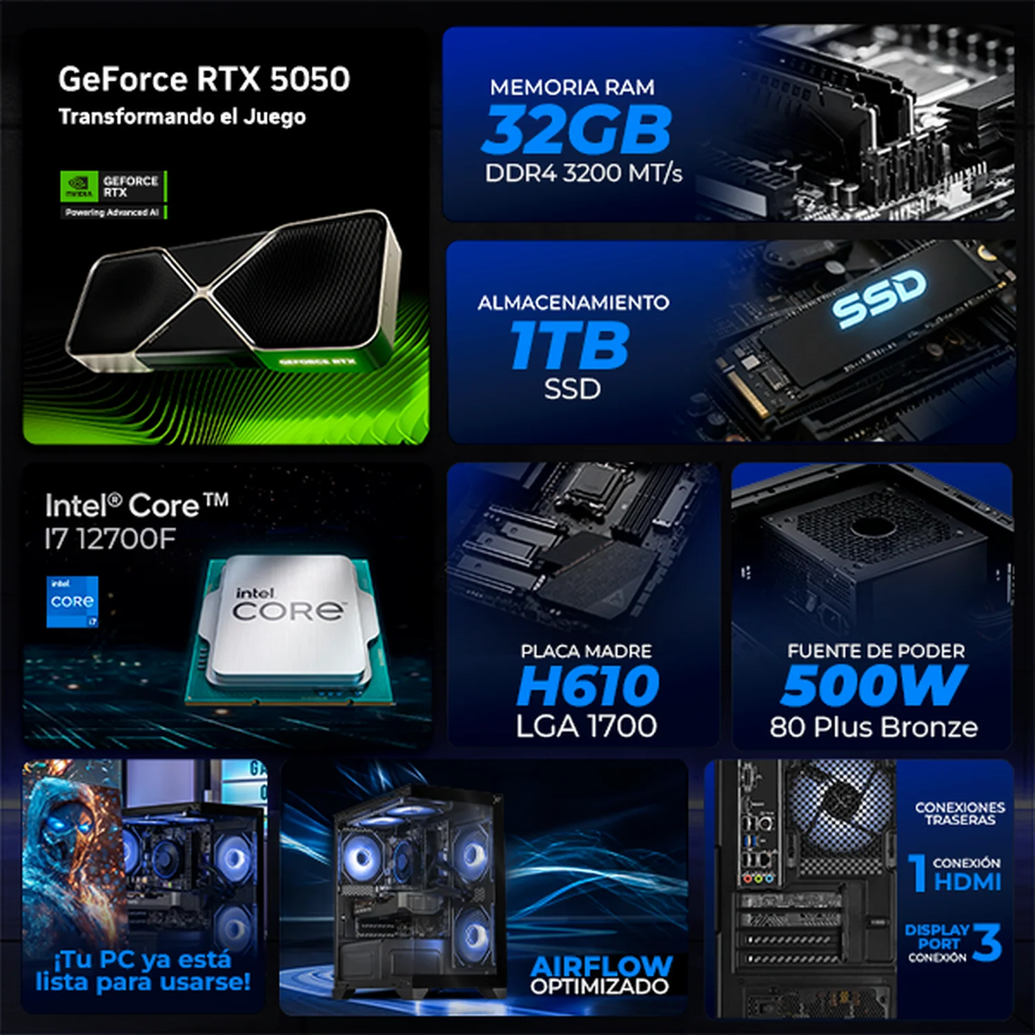 Computadora Gamer Xtreme PC Gaming NVIDIA GeForce RTX 5050 Intel Core i7 12700F 32GB SSD 1TB WIFI BT Black gaming estable en calidad media - Image 3