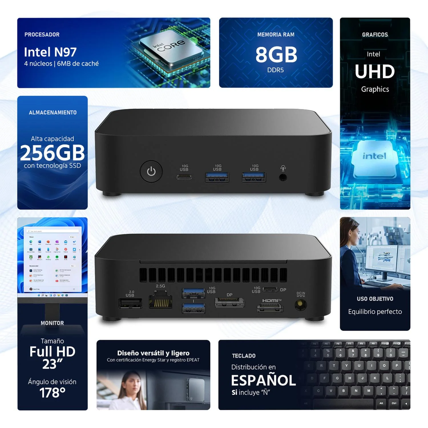 Computadora Mini PC ASUS Essential Intel N97 8GB RAM 256GB SSD Monitor 23" Teclado Mouse Español - Image 2