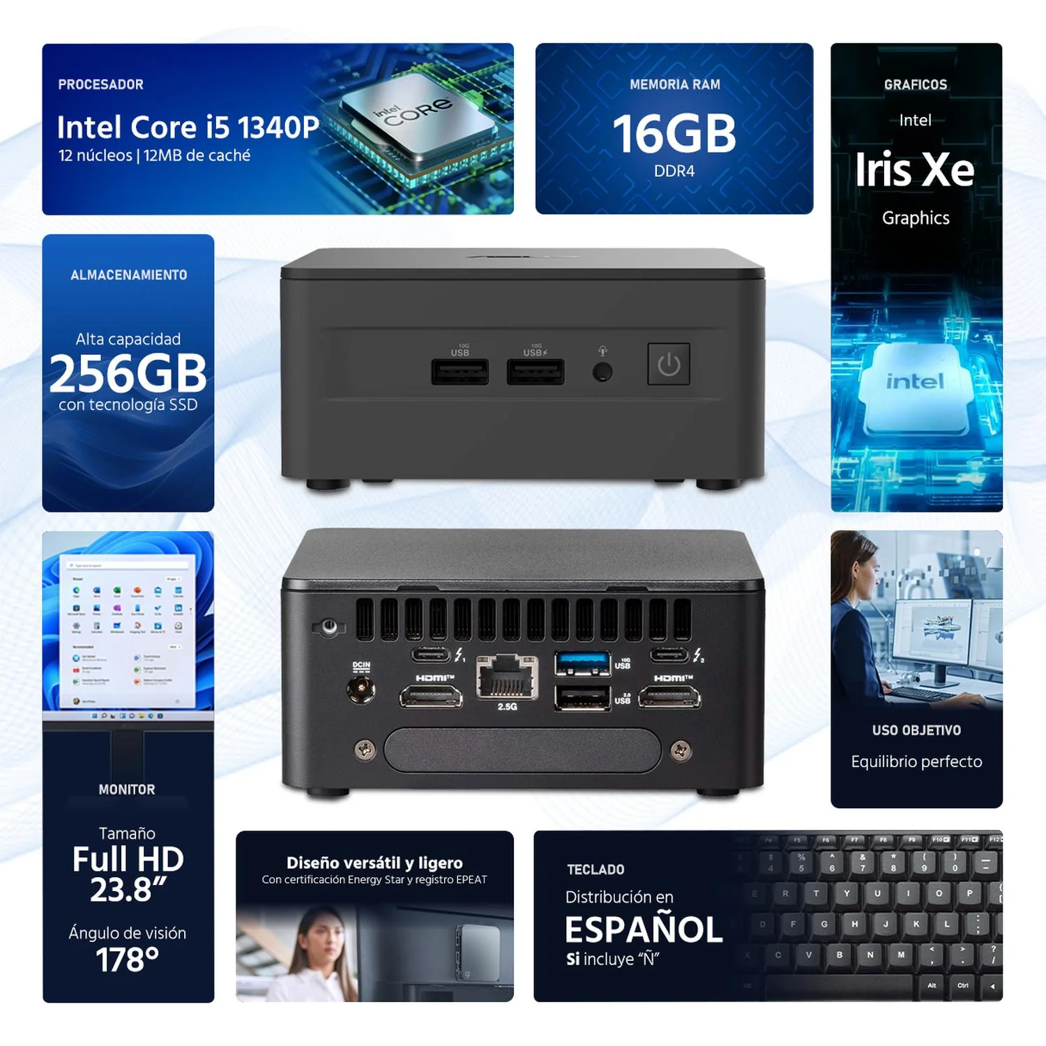 Computadora Escritorio Mini PC ASUS NUC 13 PRO Core i5 1340P 16GB DDR4 SSD 256GB Monitor 23.8 Teclado Mouse Inalambrico W11H-T WiFi 6E BT 5.3 CNUC13P-Ci56256MTM Estudio y multitarea - Image 2