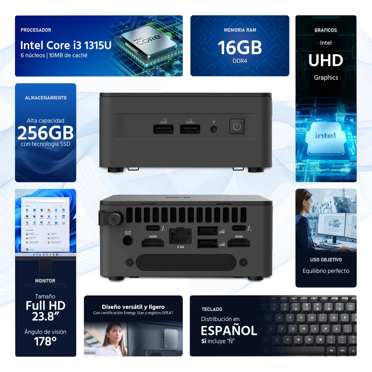 Computadora Mini PC ASUS NUC 13 PRO Intel Core i3 1315U 16GB RAM 256GB SSD Monitor 23.8" Teclado Mouse - Image 2