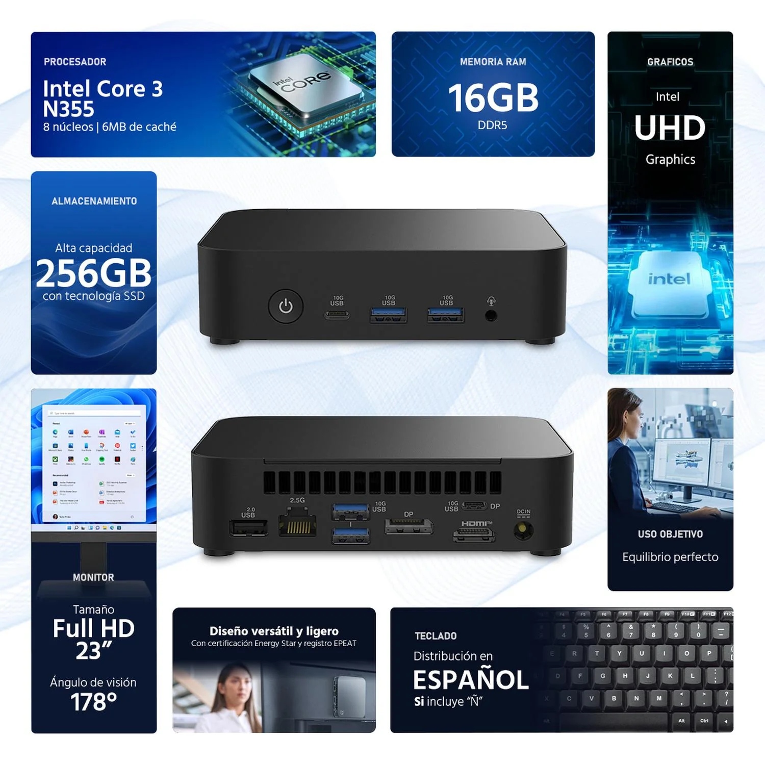Computadora Mini PC ASUS NUC 14 Essential Intel Core 3 N355 16GB RAM 256GB SSD Monitor 23" Teclado Mouse Español - Image 2