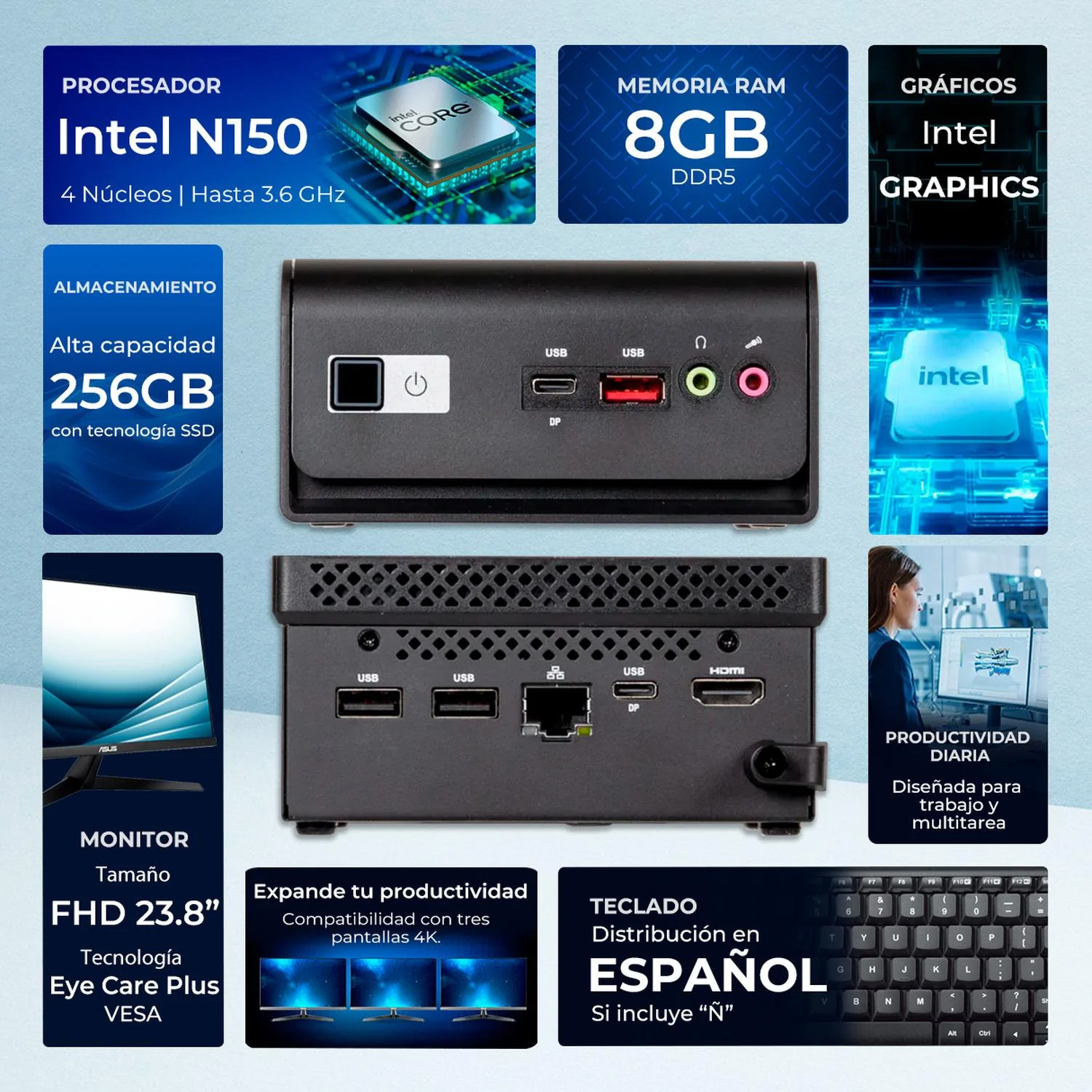 Computadora Escritorio Mini PC ASUS Intel N150 8GB DDR5 SSD 256GB Monitor 24 1ms 120Hz Teclado Mouse W11H-T WiFi BT 5.0 CN14EE-MTMI1508256 Estudio, oficina y multitarea - Image 2