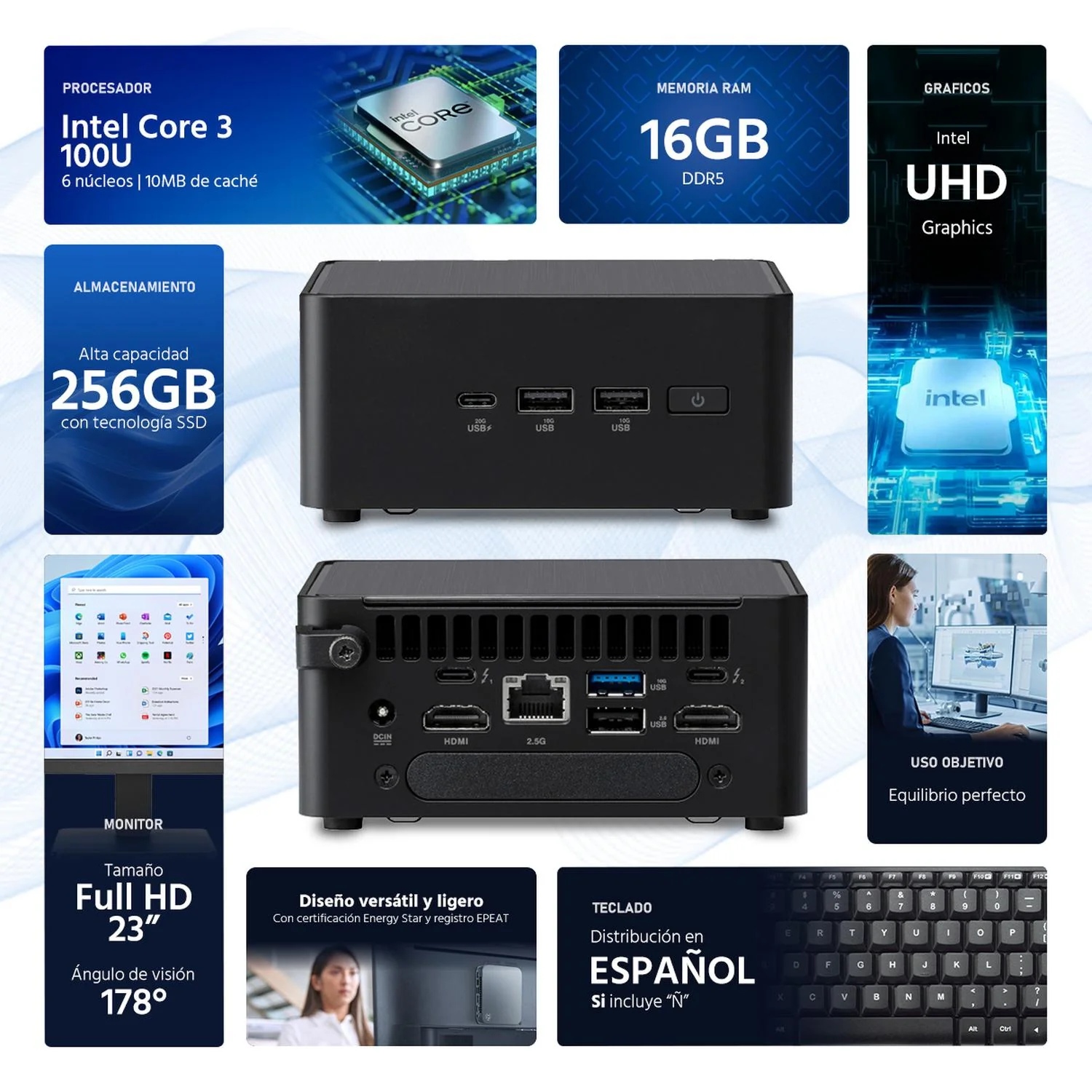 Computadora Mini PC ASUS NUC 14 Pro Intel Core 3 100U 16GB RAM 256GB SSD Monitor 23" Teclado Mouse Español - Image 2